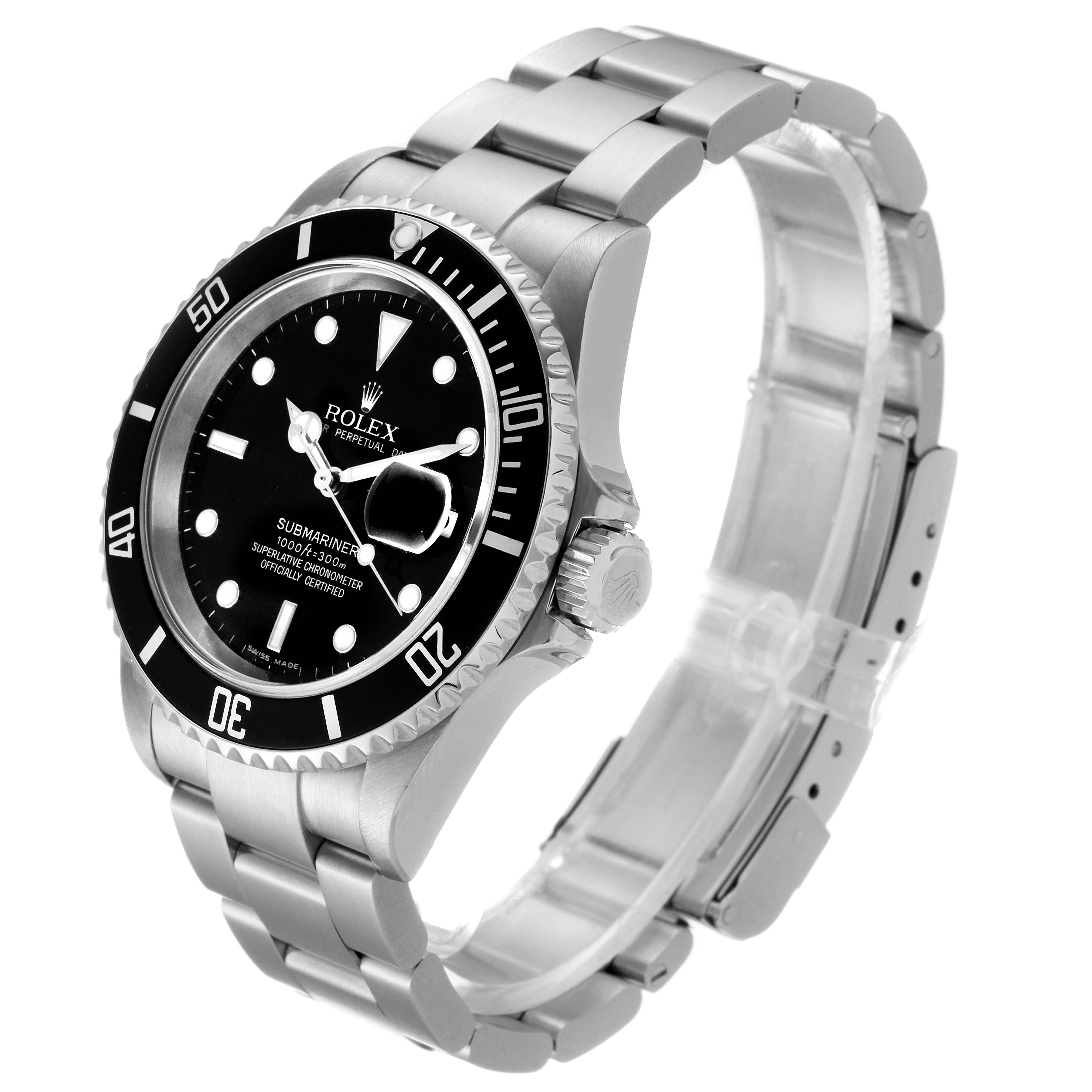 The image shows a Rolex Submariner 16610 Men
s Stainless Steel Black Dial 16610 Men
s Stainless Steel Black Dial watch from a three-quarter angle, highlighting its stainless steel bracelet, bezel, and dial.