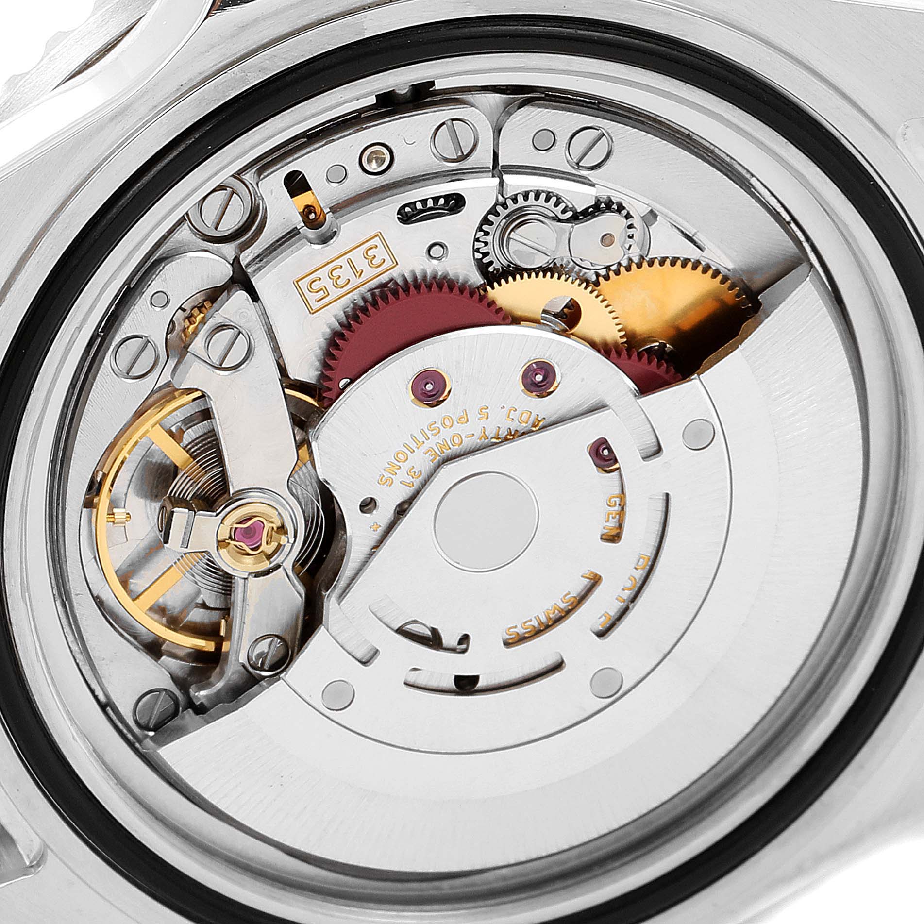 The image shows a detailed close-up of the movement mechanism inside a Rolex Submariner 16610 Men
s Stainless Steel Black Dial 16610 Men
s Stainless Steel Black Dial watch.