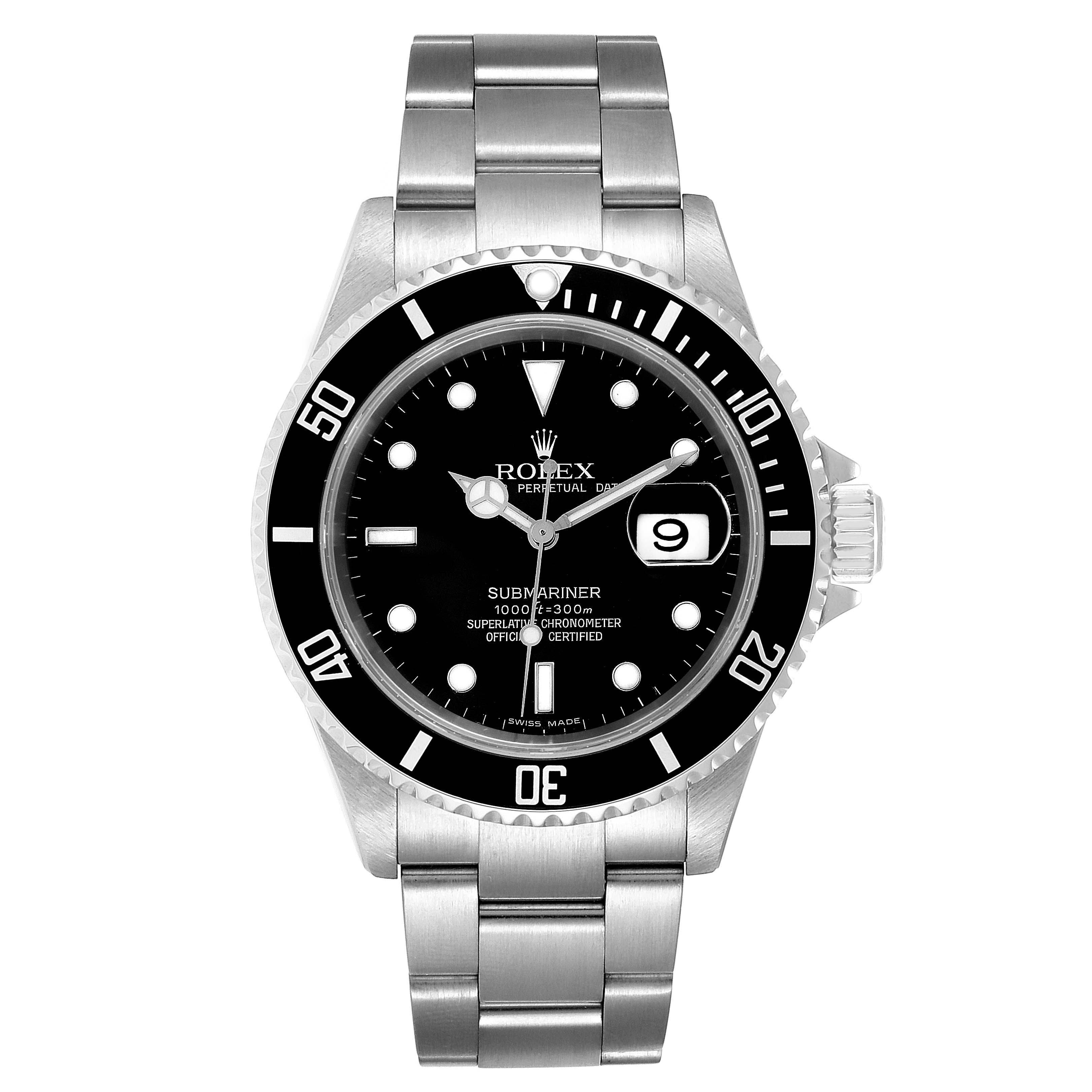 The image shows a front view of a Rolex Submariner 16610 Men
s Stainless Steel Black Dial 16610 Men
s Stainless Steel Black Dial watch, highlighting the dial, bezel, case, and bracelet.