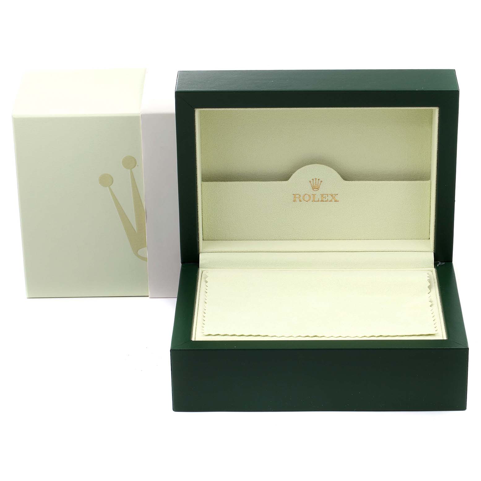 The image shows an open Rolex Submariner 16610 Men
s Stainless Steel Black Dial 16610 Men
s Stainless Steel Black Dial watch box, displaying the interior cushion and outer protective box.