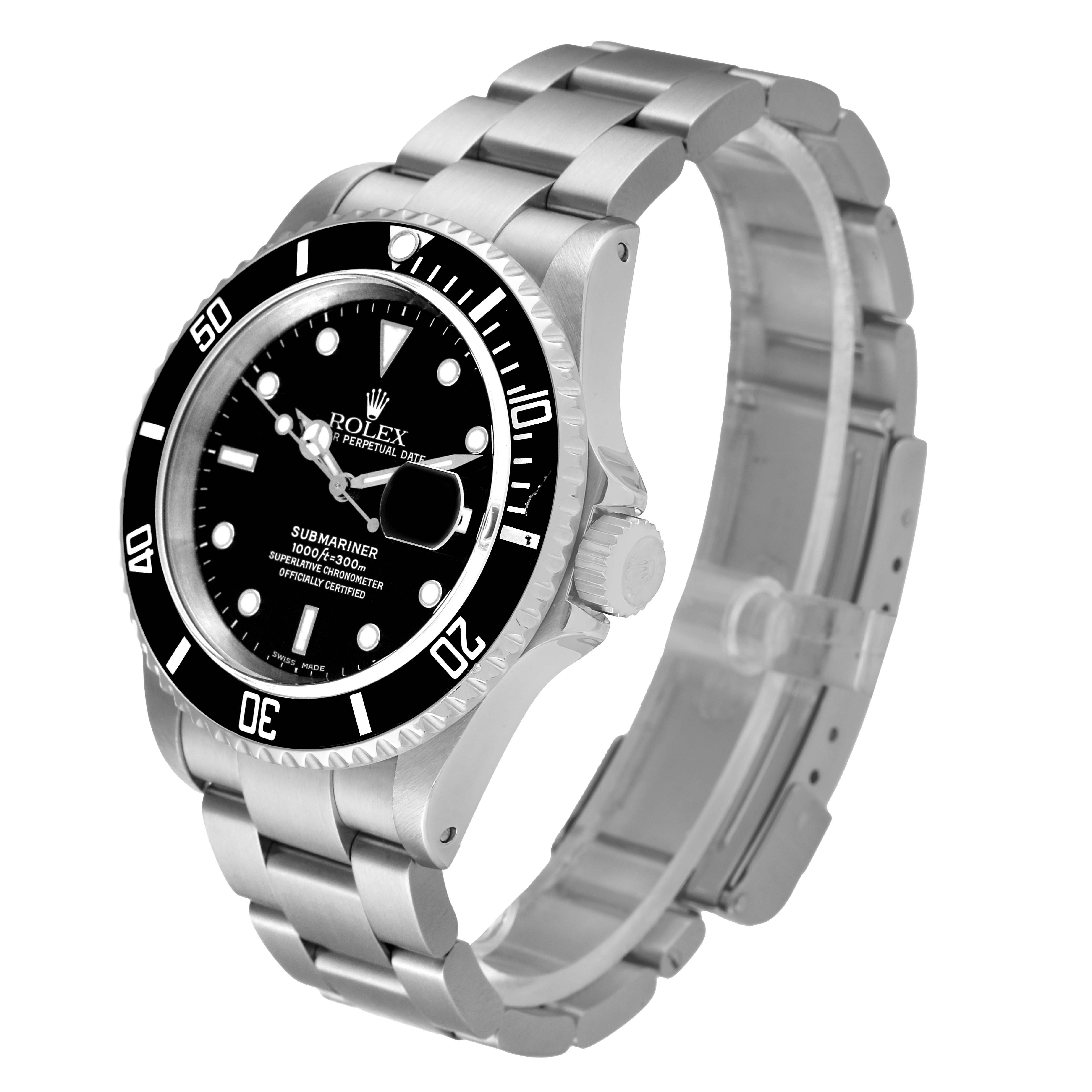 This image shows a side angle view of a Rolex Submariner 16610 Men
s Stainless Steel Black Dial 16610 Men
s Stainless Steel Black Dial watch, displaying its bezel, dial, crown, and bracelet.