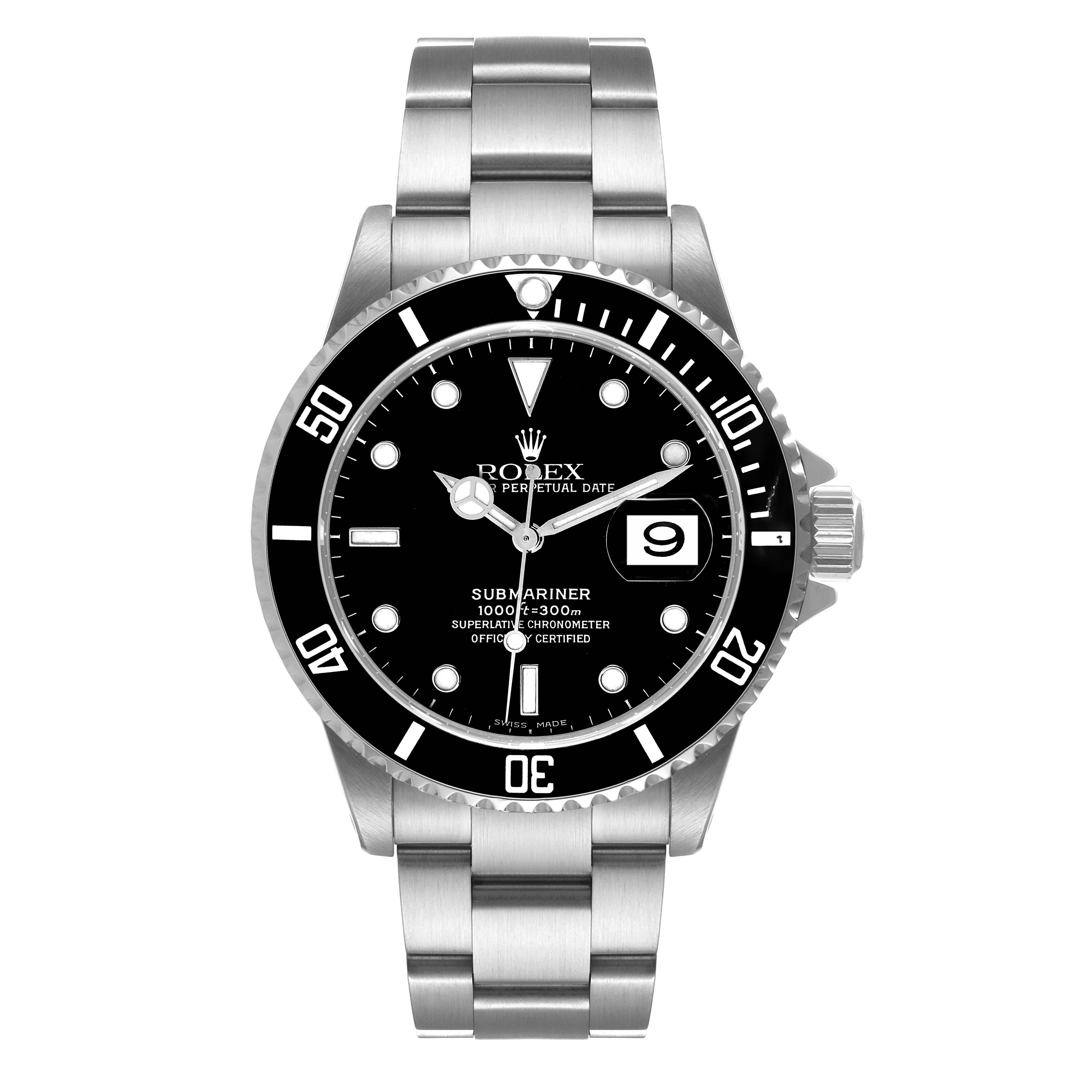 The image shows a frontal view of a Rolex Submariner 16610 Men
s Stainless Steel Black Dial 16610 Men
s Stainless Steel Black Dial watch, highlighting its face, bezel, and metal bracelet.