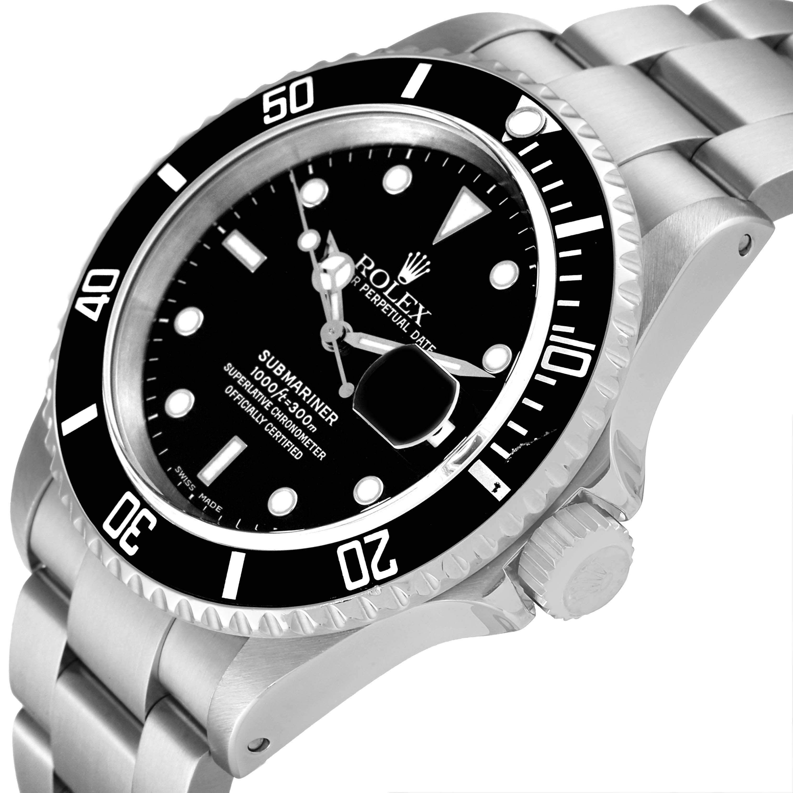 The image shows a Rolex Submariner 16610 Men
s Stainless Steel Black Dial 16610 Men
s Stainless Steel Black Dial watch with a black dial and a stainless steel bracelet at a slightly angled side view.