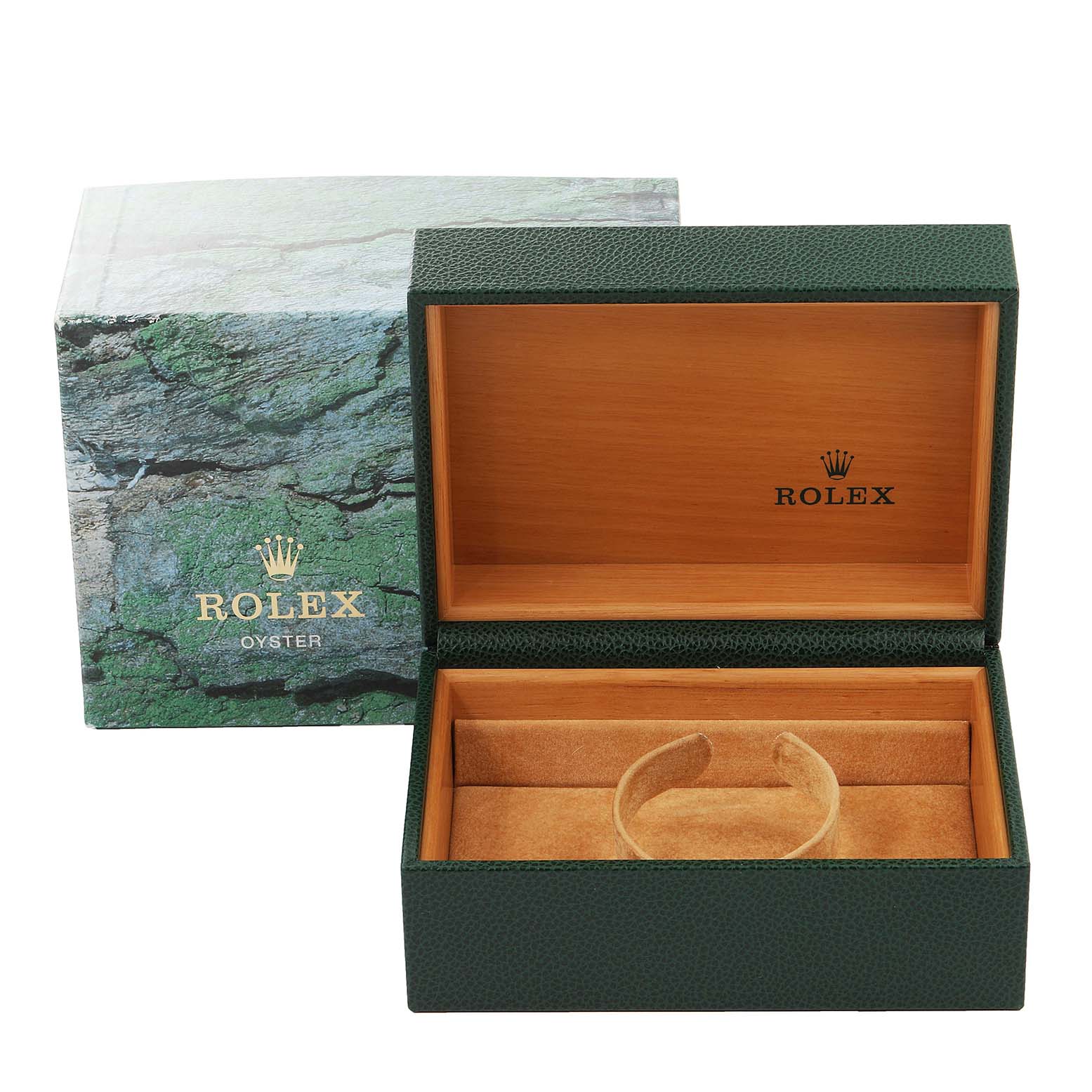 The image shows an empty Rolex Submariner 16610 Men
s Stainless Steel Black Dial 16610 Men
s Stainless Steel Black Dial watch box with its lid open and the outer green box.