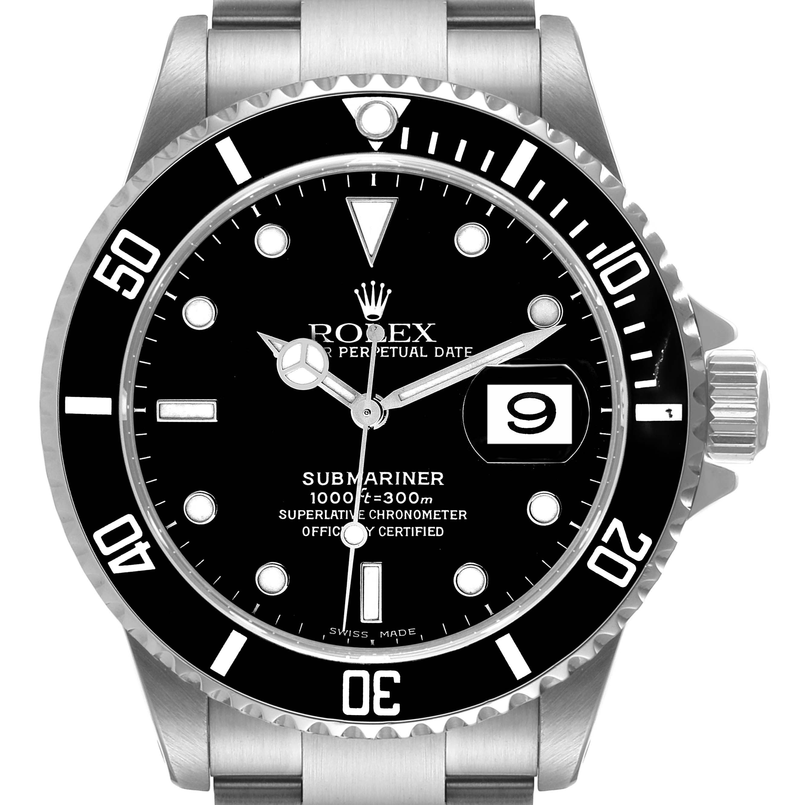 The image shows a front view of the Rolex Submariner 16610 Men
s Stainless Steel Black Dial 16610 Men
s Stainless Steel Black Dial watch, highlighting its black dial, date window, and stainless steel bezel and bracelet.