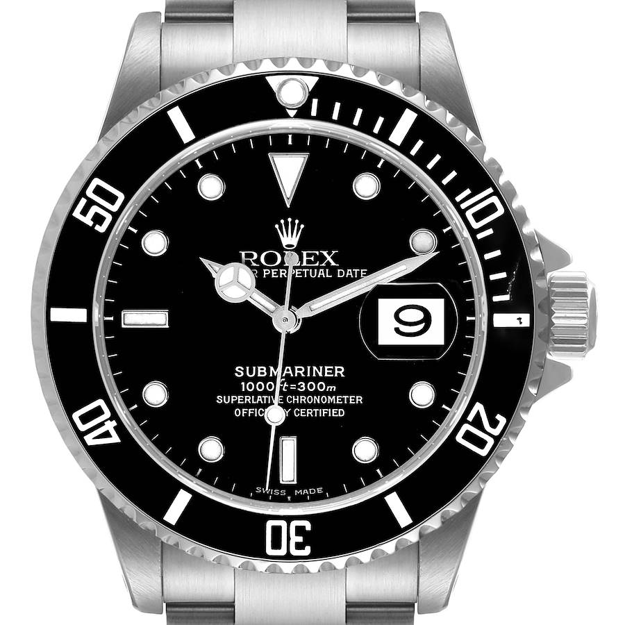 The image shows a front view of the Rolex Submariner watch, highlighting its black dial, date window, and stainless steel bezel and bracelet.