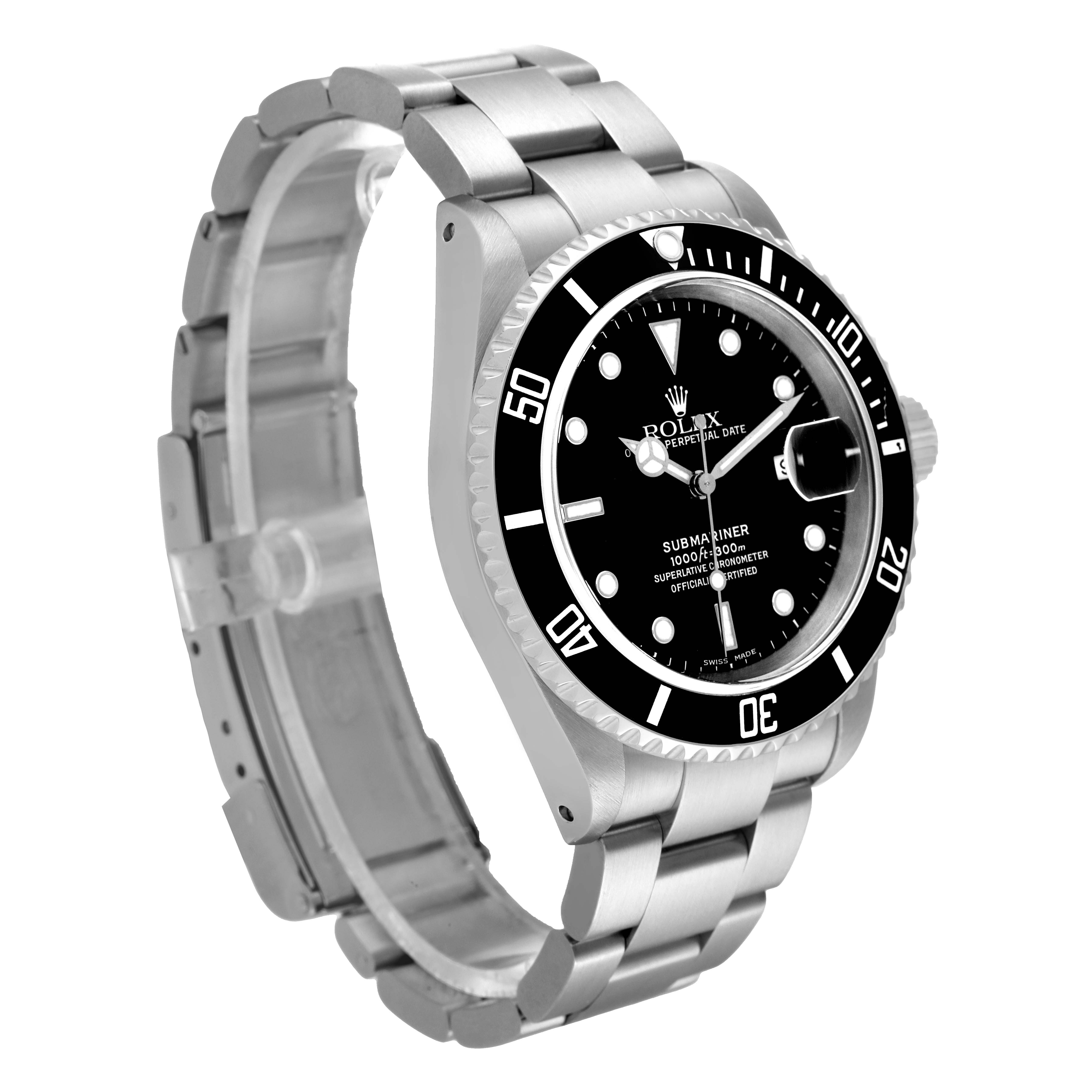The image shows a Rolex Submariner 16610 Men
s Stainless Steel Black Dial 16610 Men
s Stainless Steel Black Dial watch at a slight angled profile, highlighting the bezel, dial, and stainless steel strap.