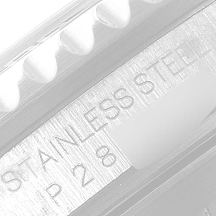 This close-up image of a Rolex Submariner 16610 Men
s Stainless Steel Black Dial 16610 Men
s Stainless Steel Black Dial watch shows a portion of the bezel and "STAINLESS STEEL" engraved on the case.