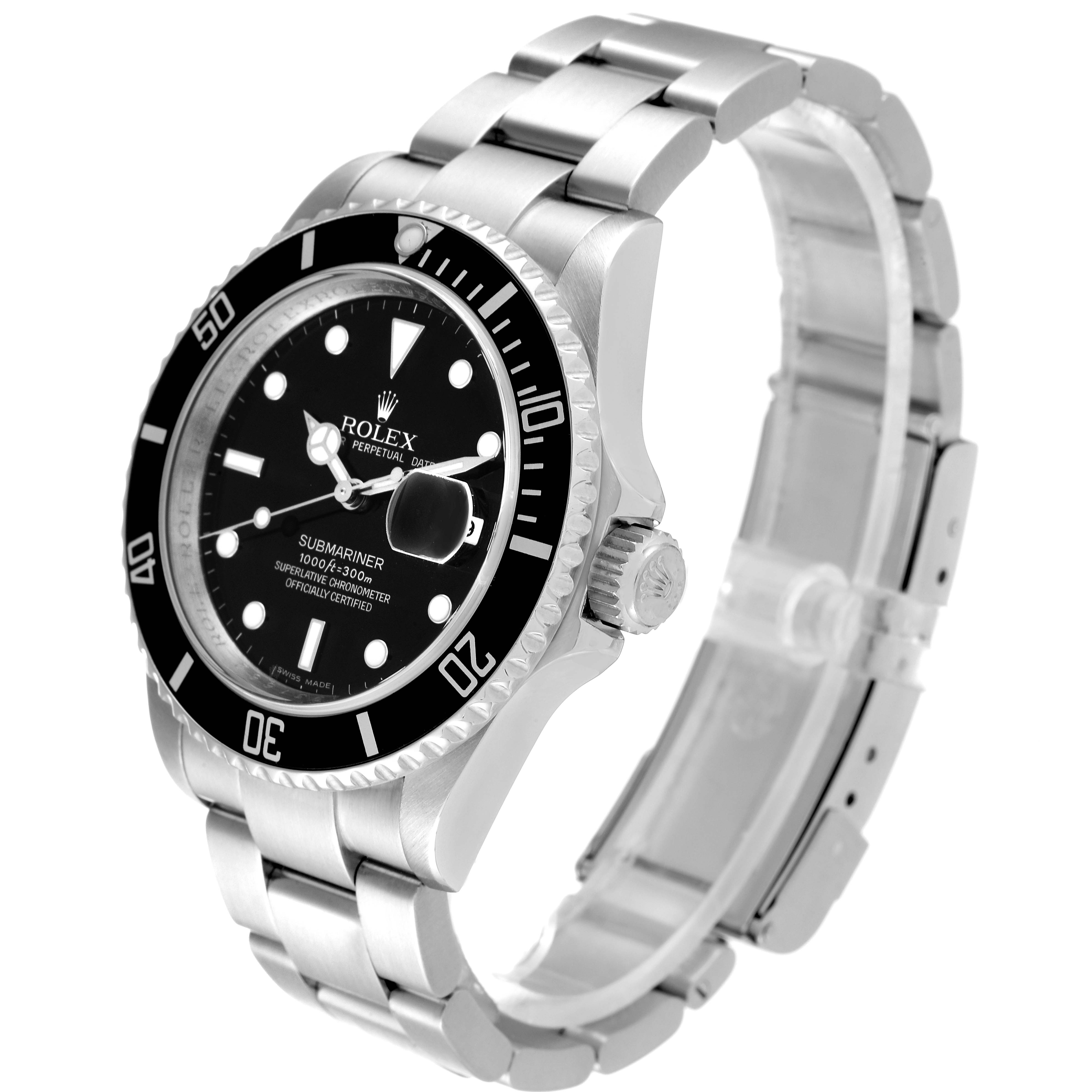 This image shows a Rolex Submariner 16610 Men
s Stainless Steel Black Dial 16610 Men
s Stainless Steel Black Dial watch at an angled side view, highlighting the dial, bezel, crown, and bracelet.