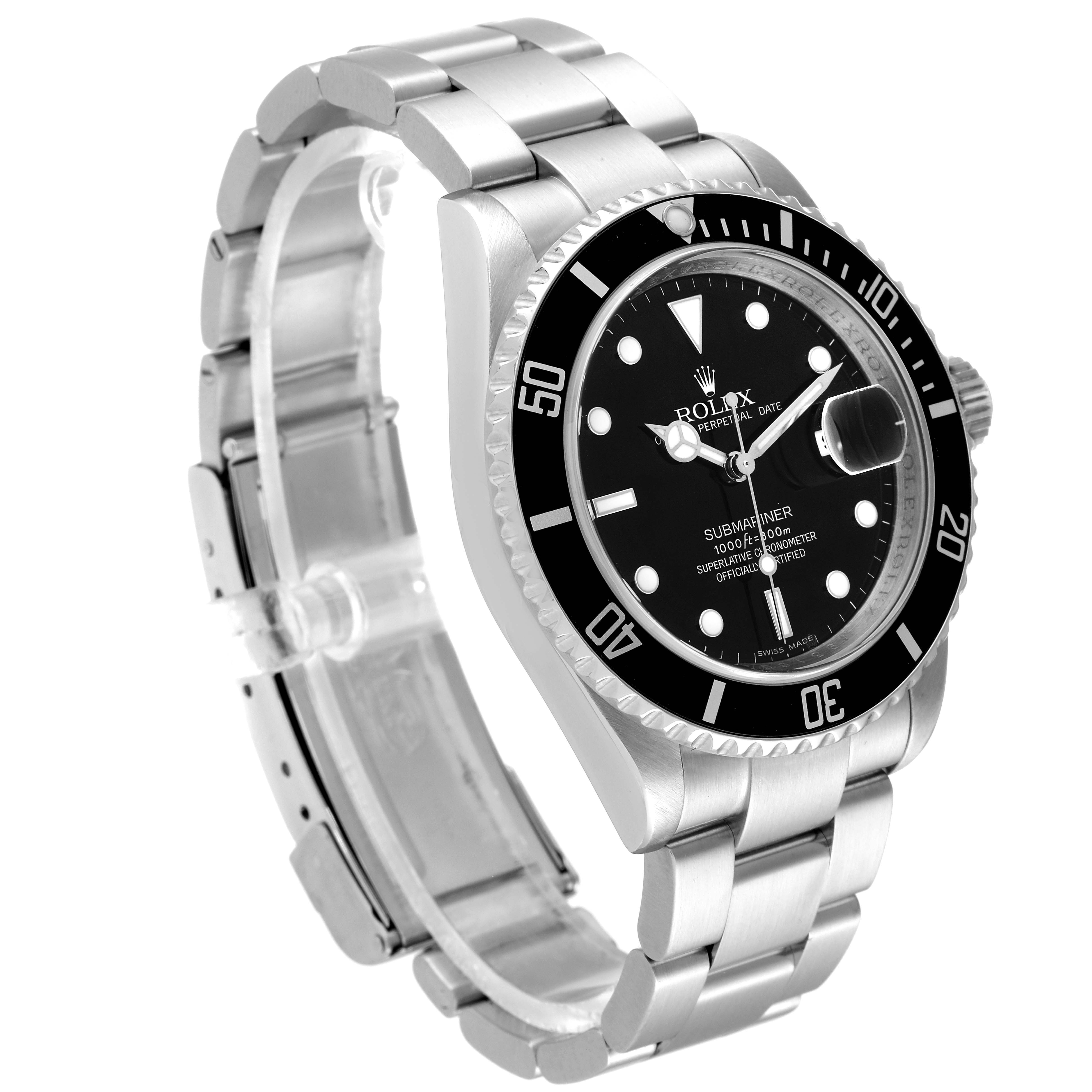 This image shows the Rolex Submariner 16610 Men
s Stainless Steel Black Dial 16610 Men
s Stainless Steel Black Dial watch from an angled side view, highlighting its bezel, dial, bracelet, and clasp.