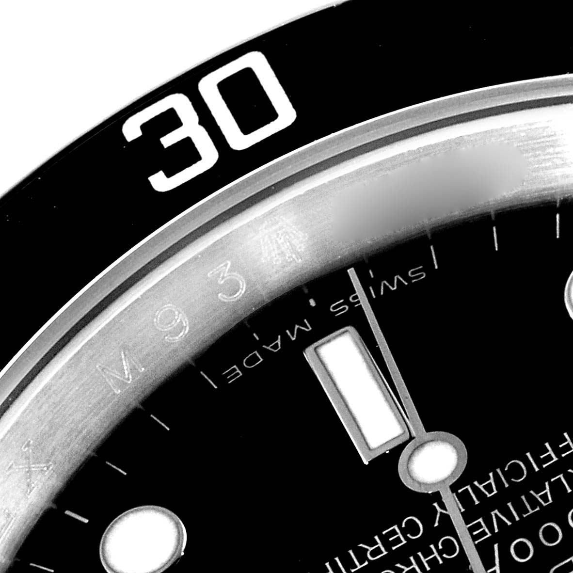 This close-up image highlights the bezel and partial dial of a Rolex Submariner 16610 Men
s Stainless Steel Black Dial 16610 Men
s Stainless Steel Black Dial watch, showing the 30-minute marker.