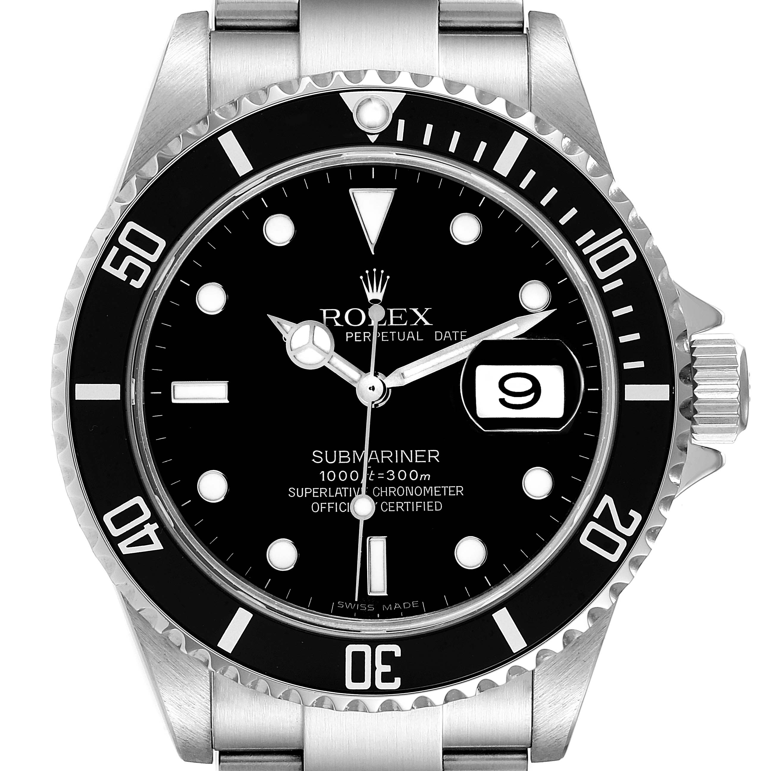 This image shows a front view of a Rolex Submariner 16610 Men
s Stainless Steel Black Dial 16610 Men
s Stainless Steel Black Dial watch, displaying the face, bezel, and part of the bracelet.