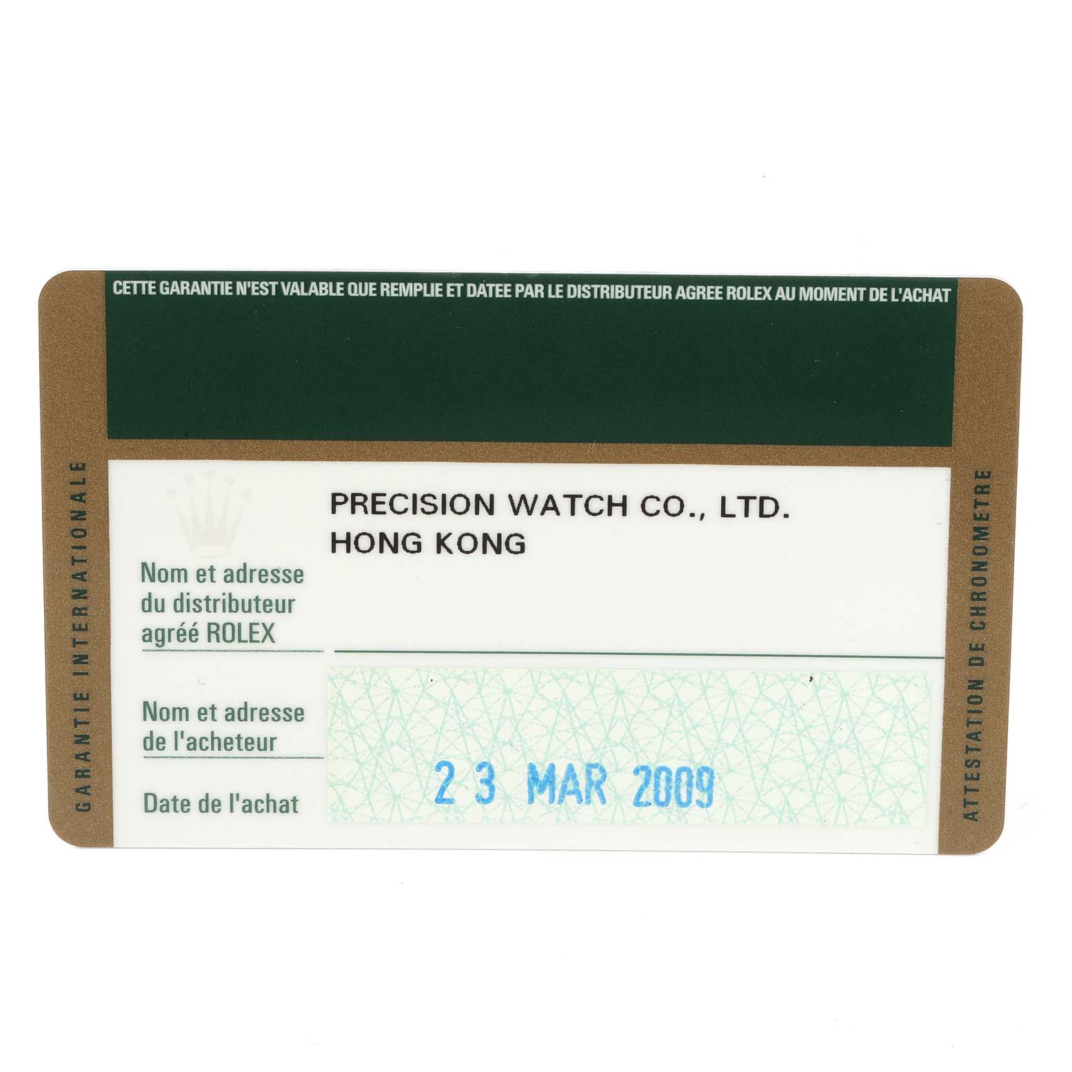This image shows a warranty card for a Rolex Submariner 16610 Men
s Stainless Steel Black Dial 16610 Men
s Stainless Steel Black Dial watch, including dealer information and purchase date.