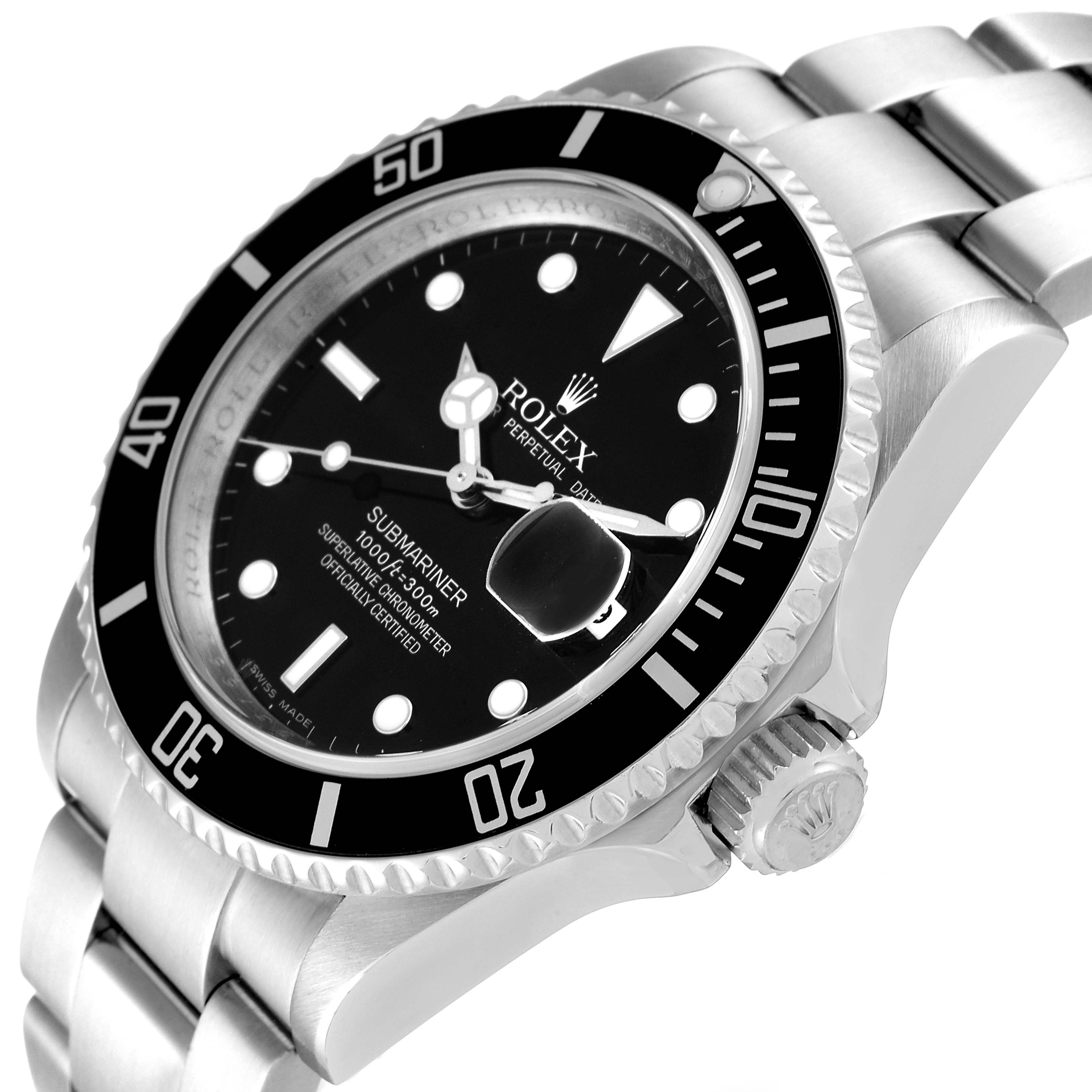 The image shows a close-up angled view of the Rolex Submariner 16610 Men
s Stainless Steel Black Dial 16610 Men
s Stainless Steel Black Dial watch displaying the dial, bezel, crown, and part of the bracelet.