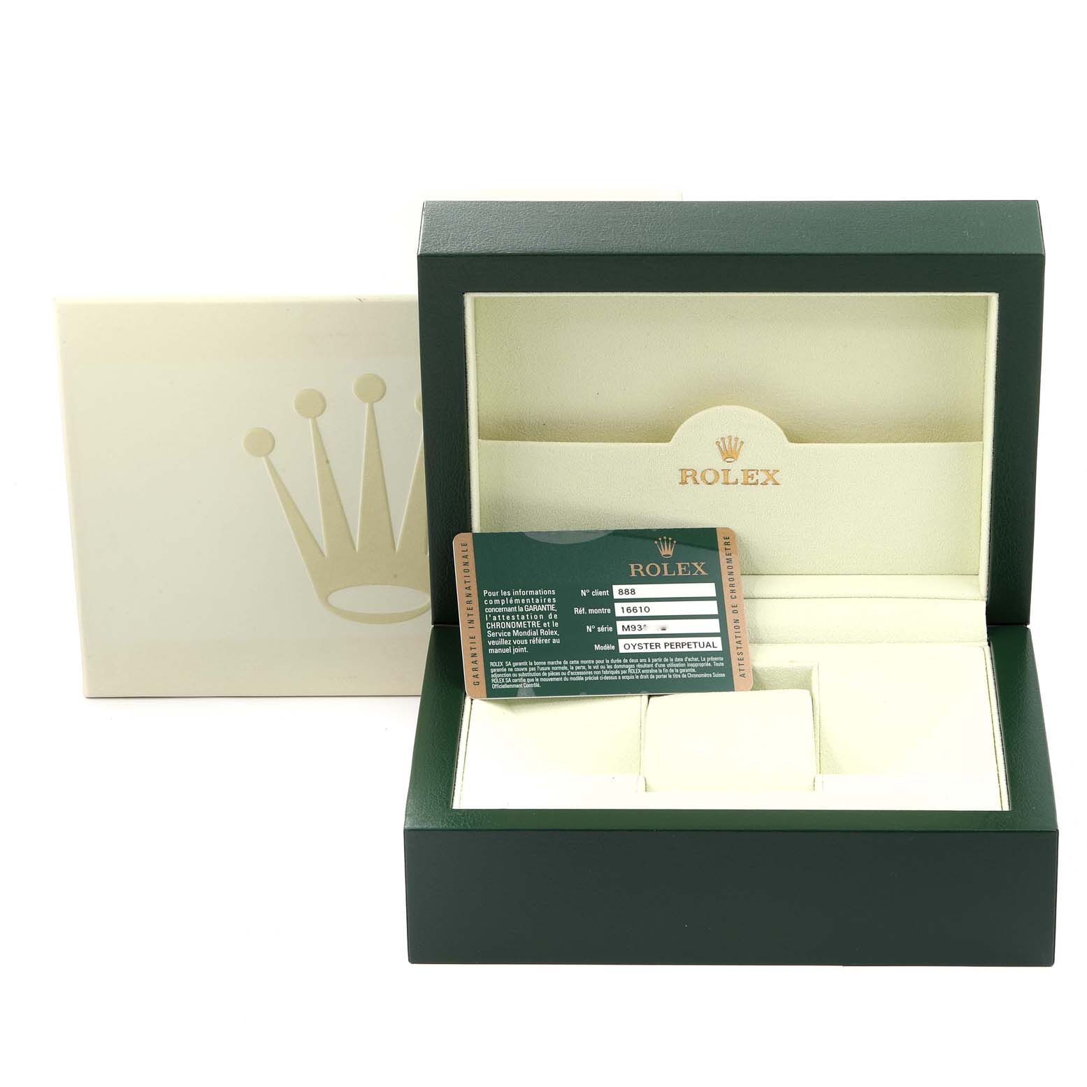 The image shows the opened box and Best Quality
ation card for a Rolex Submariner 16610 Men
s Stainless Steel Black Dial 16610 Men
s Stainless Steel Black Dial watch.