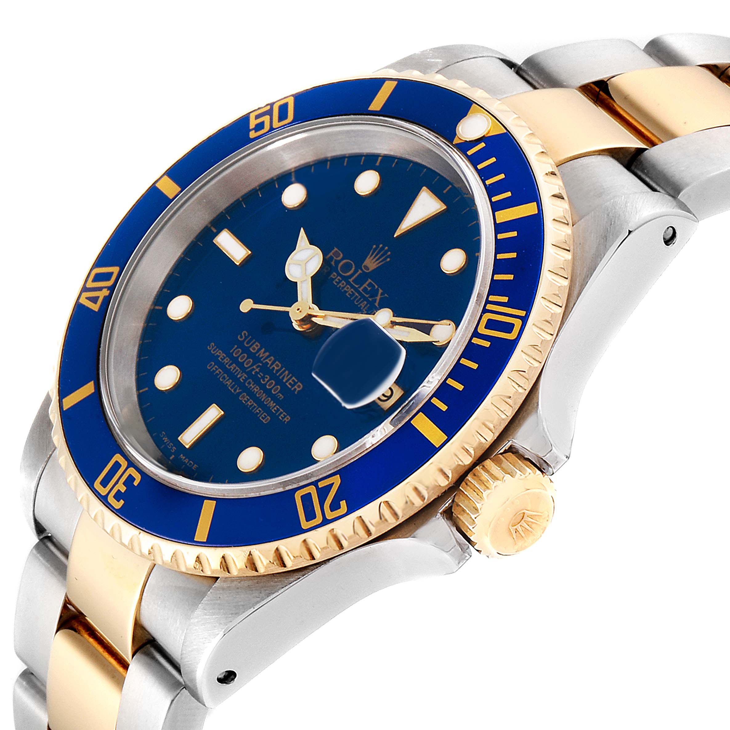 The Rolex Submariner 16613 Men
s Steel and Gold (two tone) Blue Dial 16613 Men
s Steel and Gold (two tone) Blue Dial watch is shown from an angled close-up highlighting the blue dial, bezel, and the two-tone bracelet.
