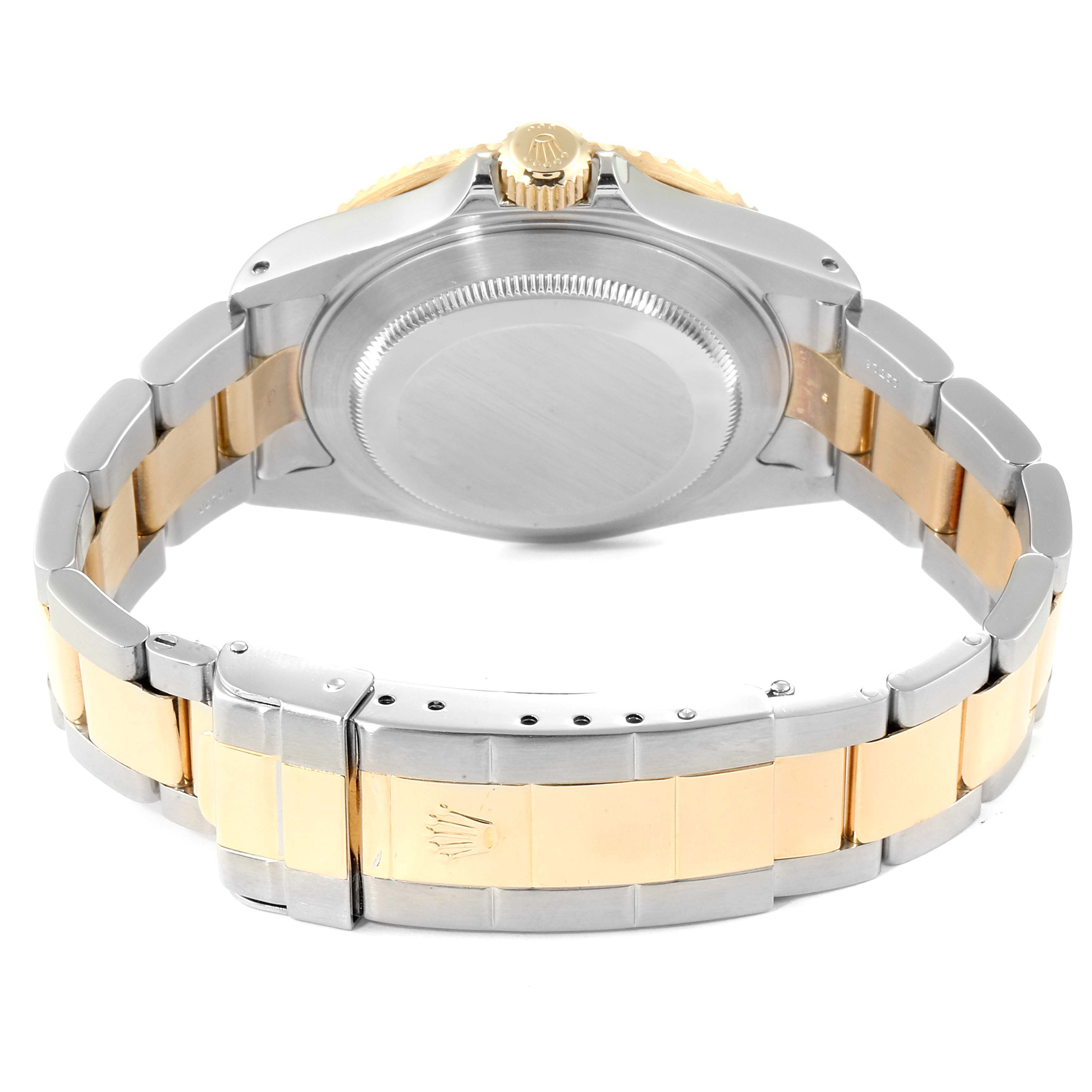 This rear view shows the case back, crown, and two-tone bracelet of the Rolex Submariner 16613 Men
s Steel and Gold (two tone) Blue Dial 16613 Men
s Steel and Gold (two tone) Blue Dial model.