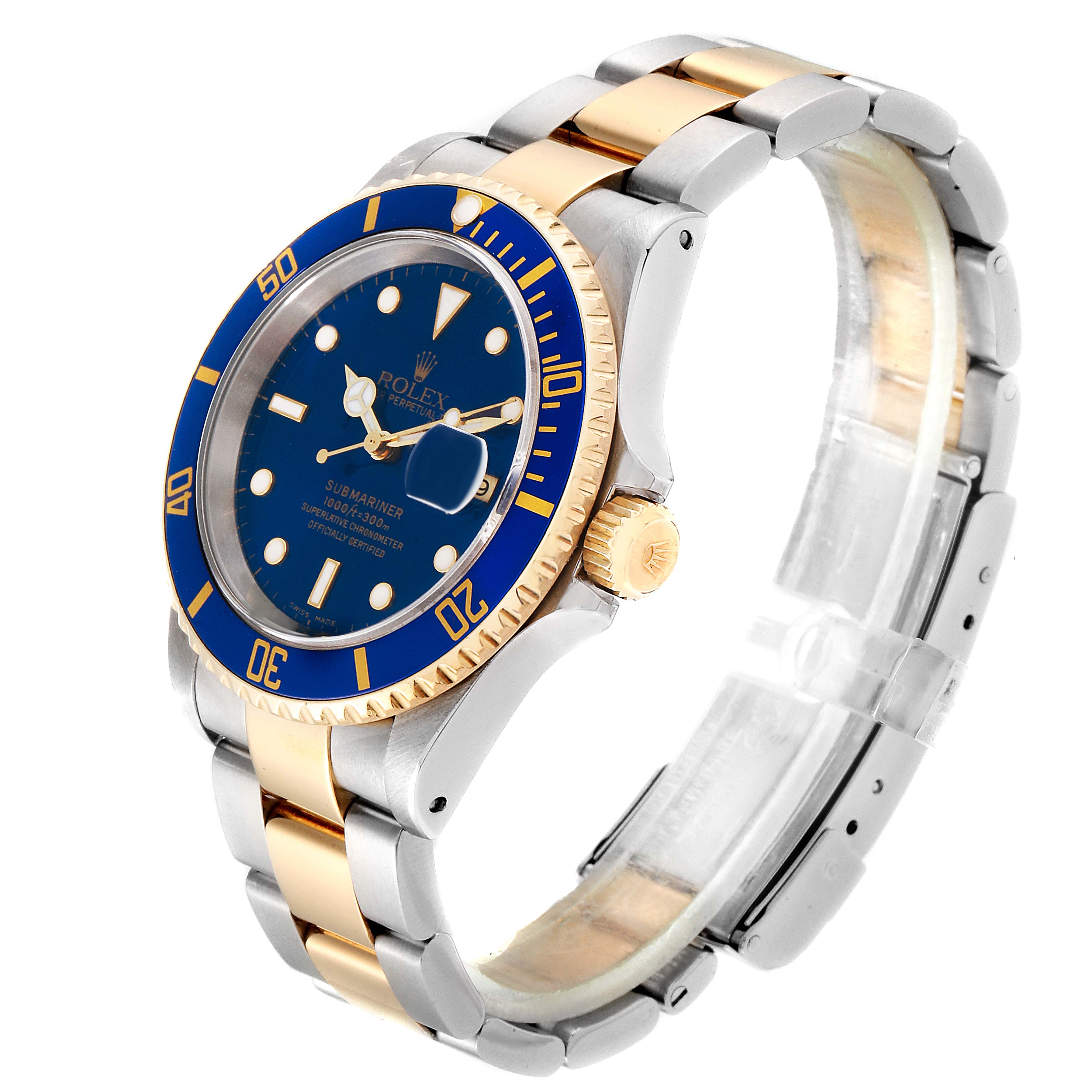 The image shows a Rolex Submariner 16613 Men
s Steel and Gold (two tone) Blue Dial 16613 Men
s Steel and Gold (two tone) Blue Dial watch at an angle highlighting the dial, bezel, crown, and bracelet.