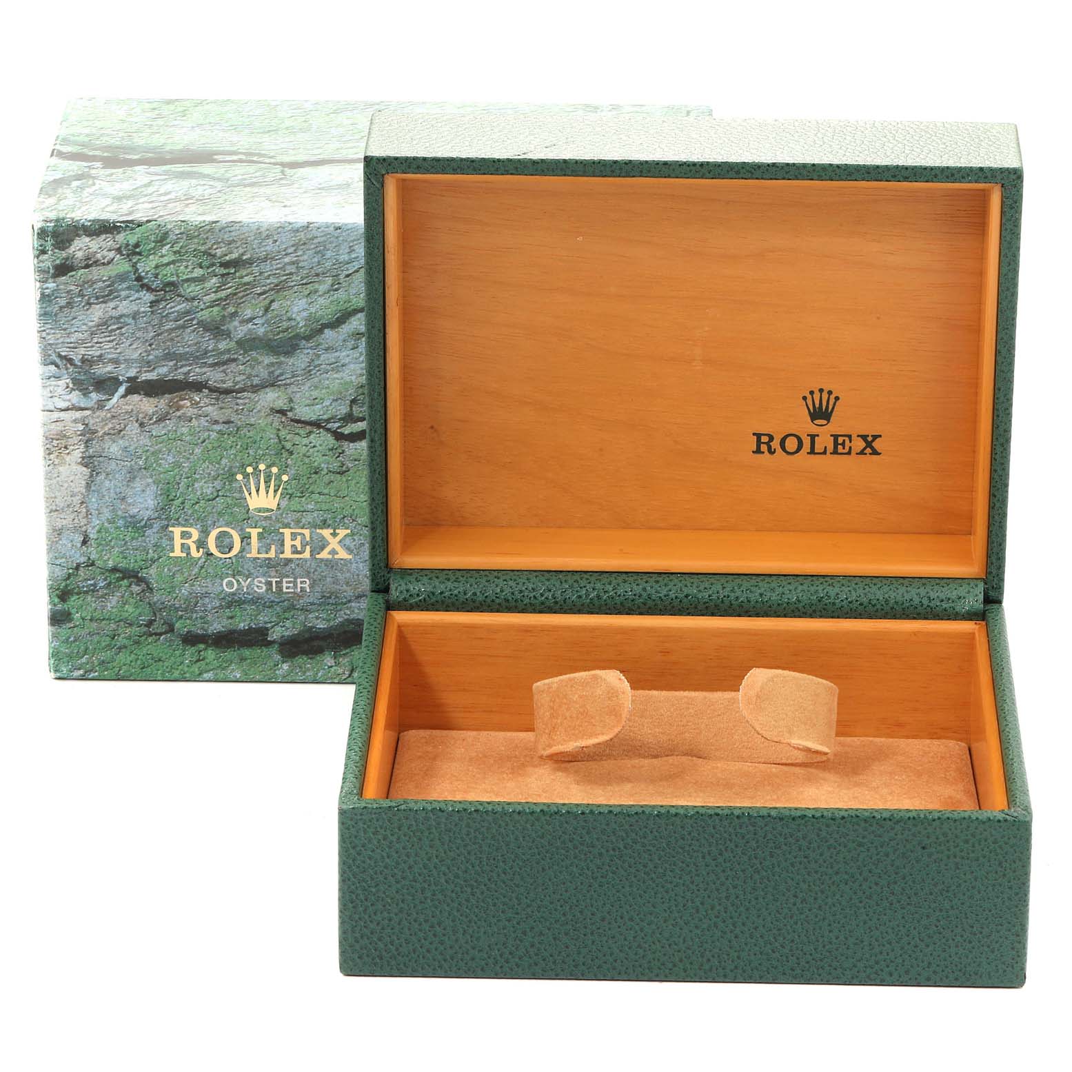 This image shows an open green and wooden Rolex Submariner 16613 Men
s Steel and Gold (two tone) Blue Dial 16613 Men
s Steel and Gold (two tone) Blue Dial watch box along with its outer protective packaging.