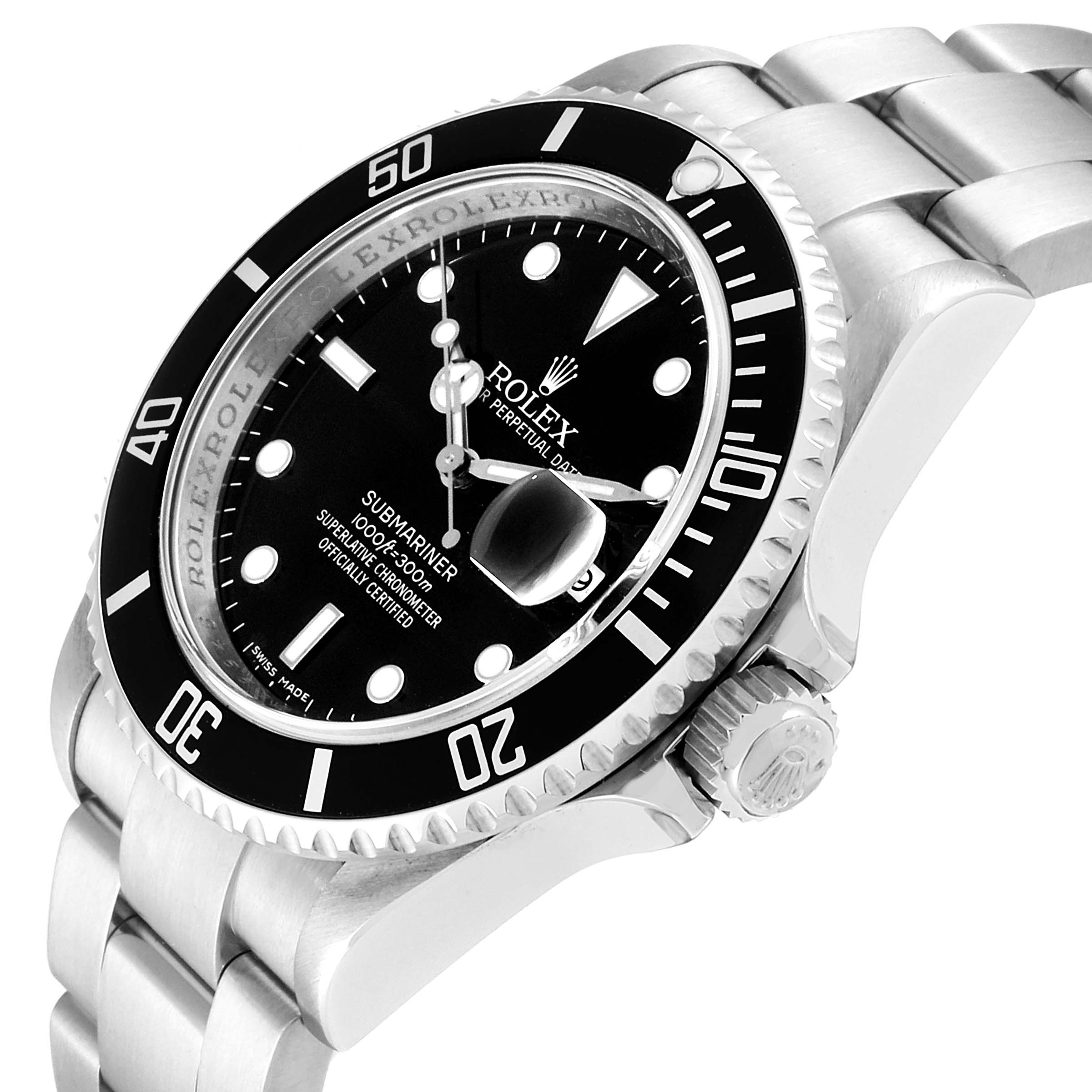 This image shows a close-up side angle of a Rolex Submariner 16610  Men
s Stainless Steel Black Dial 16610  Men
s Stainless Steel Black Dial watch, highlighting its bezel, dial, crown, and bracelet.