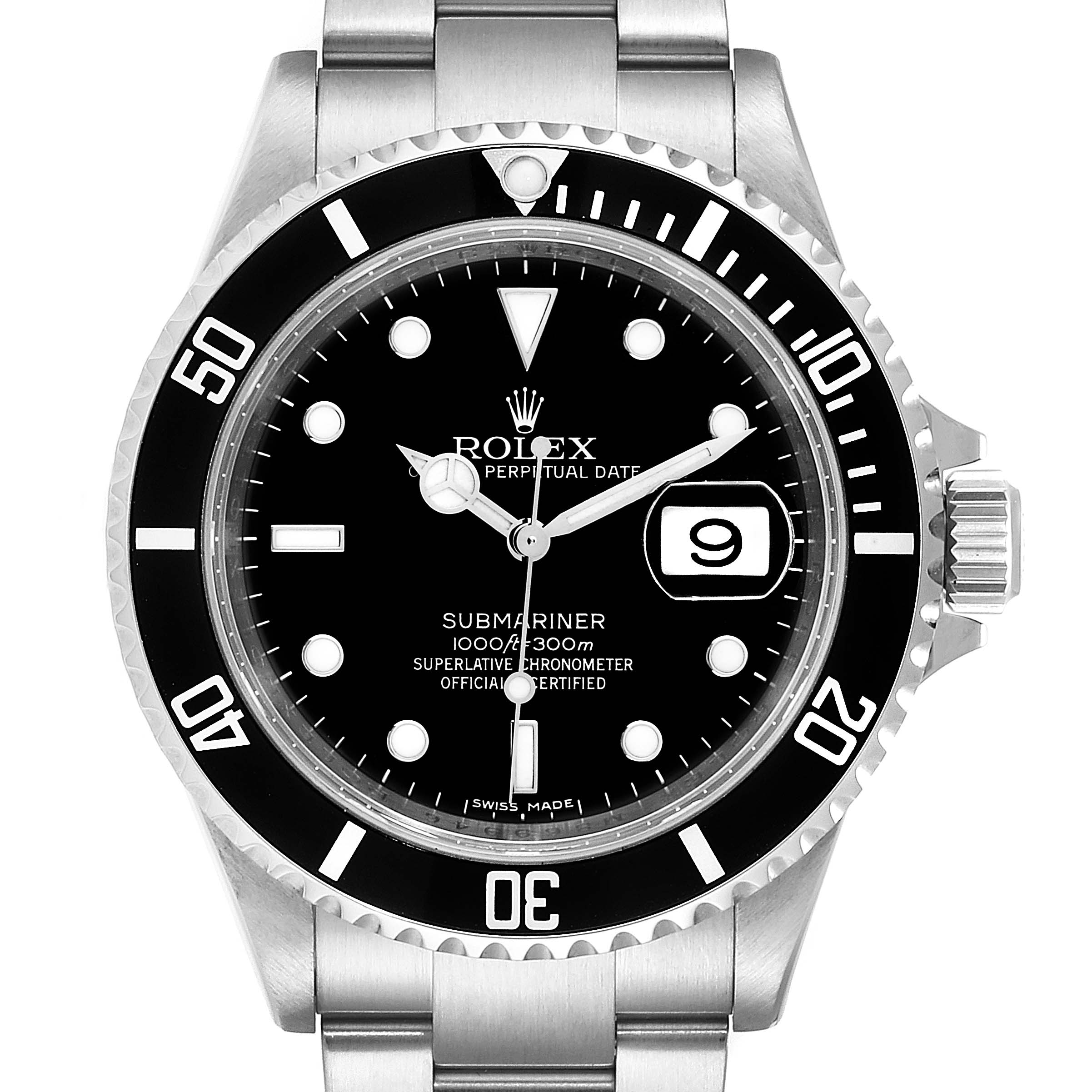 This image shows a front view of the Rolex Submariner 16610  Men
s Stainless Steel Black Dial 16610  Men
s Stainless Steel Black Dial watch, including the dial, bezel, date window, and part of the bracelet.
