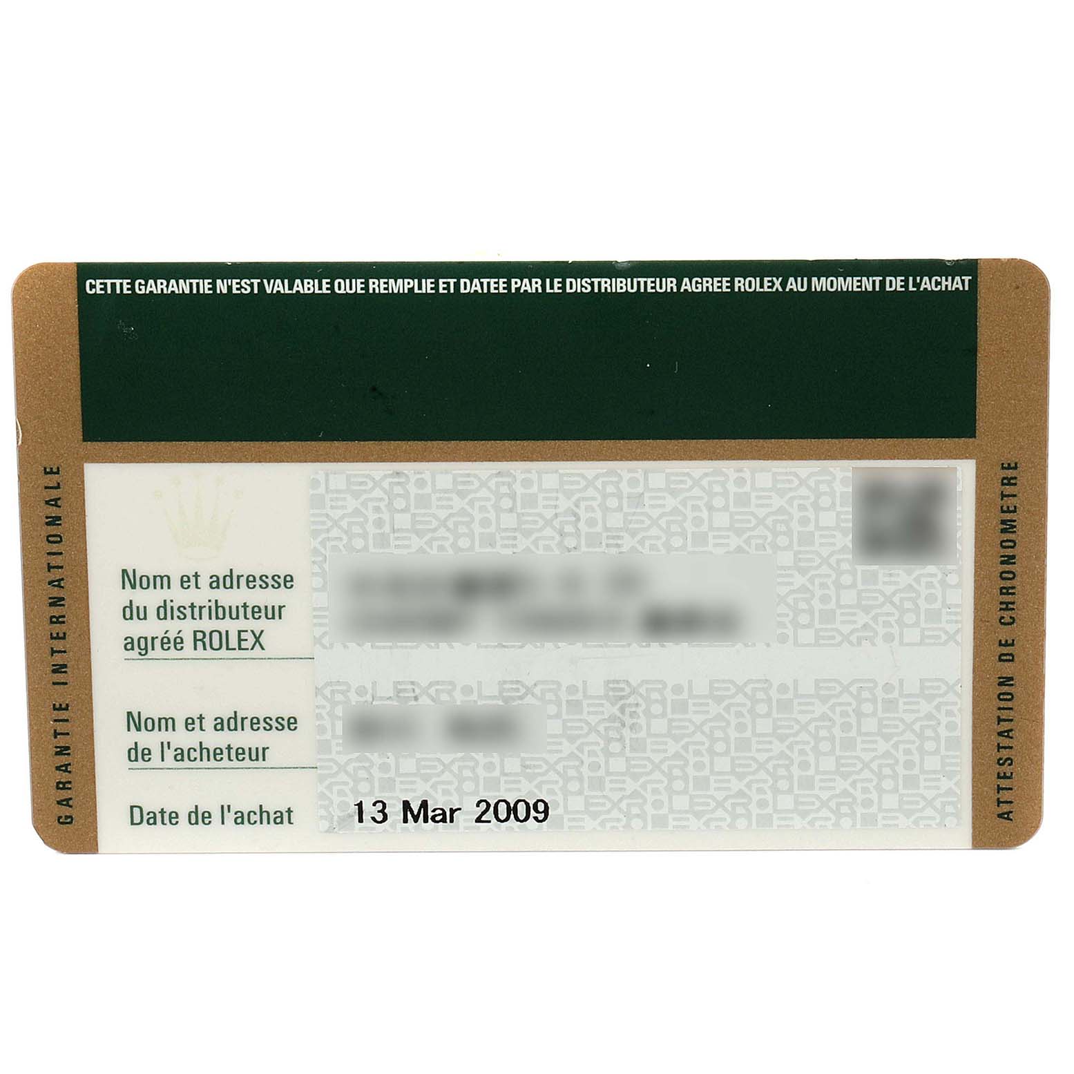 This image shows the warranty card for a Rolex Submariner 16610  Men
s Stainless Steel Black Dial 16610  Men
s Stainless Steel Black Dial, including purchase date and seller
s and buyer
s details.