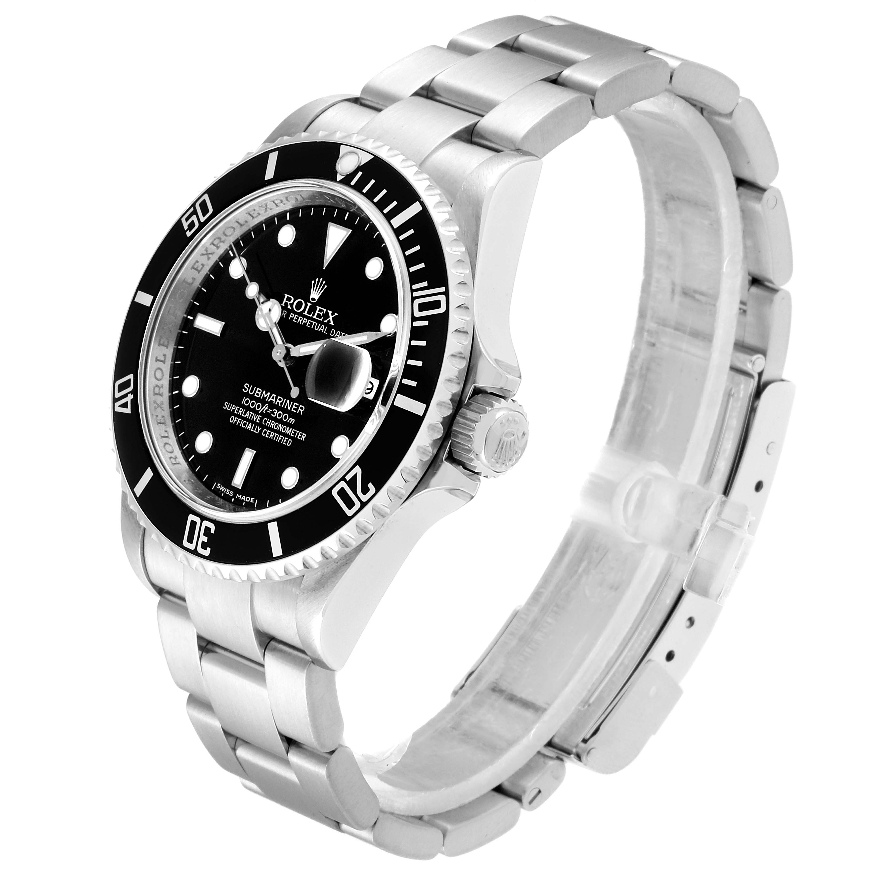 The image shows a Rolex Submariner 16610  Men
s Stainless Steel Black Dial 16610  Men
s Stainless Steel Black Dial watch at an angle displaying the dial, bezel, crown, and bracelet.