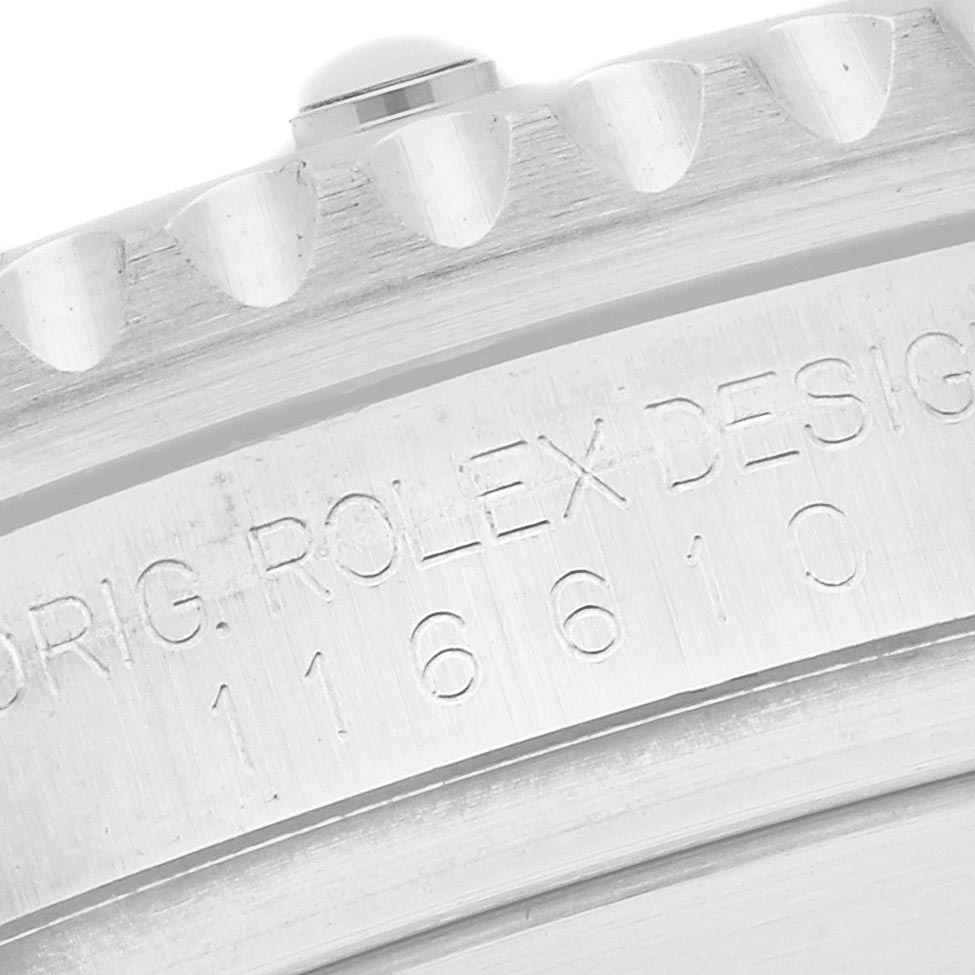 The image shows a close-up of the bezel and case side engraving of a Rolex Submariner 116610 Men's Stainless Steel Black Dial 116610 Men's Stainless Steel Black Dial, including part of the model number.