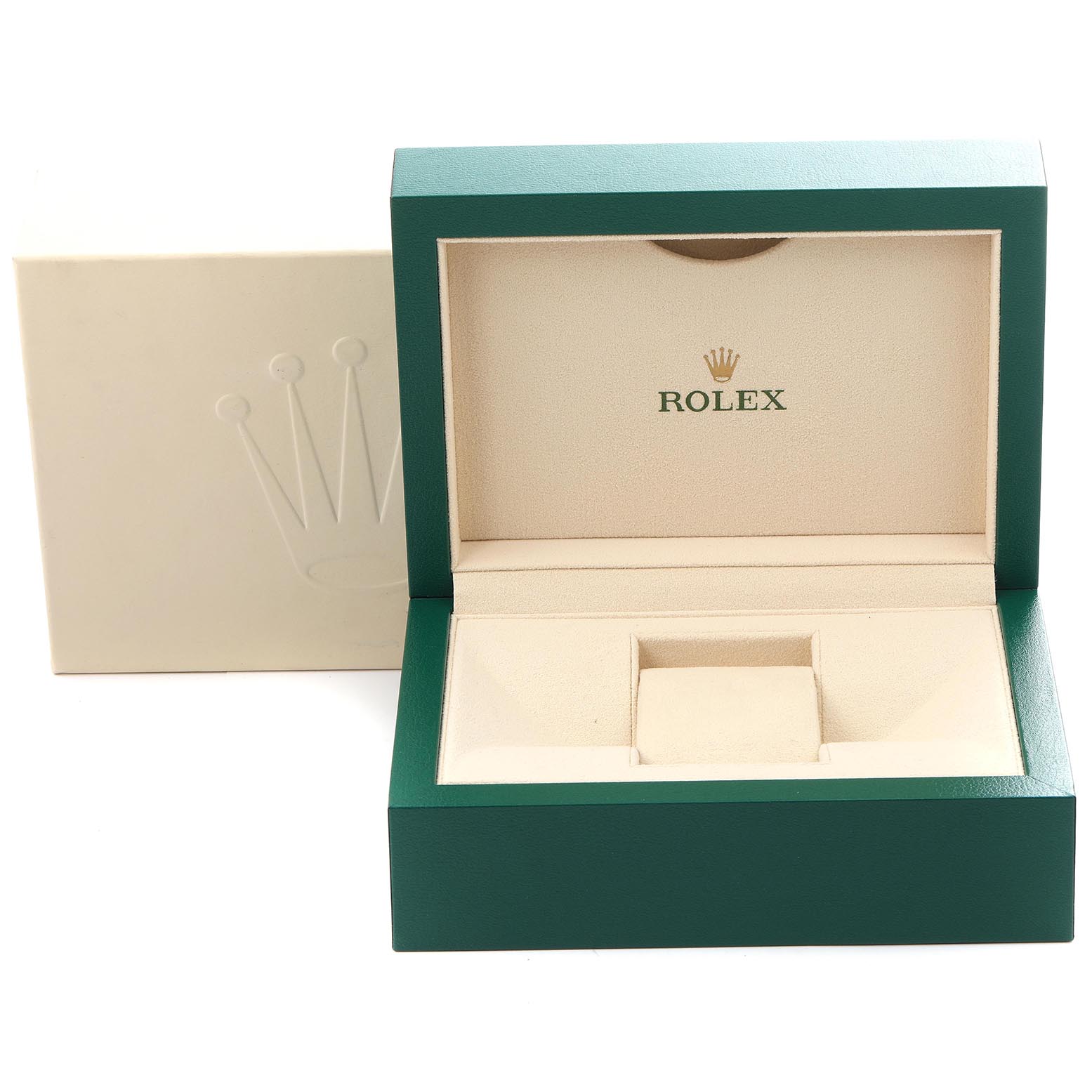 The image shows an open Rolex Submariner 116610 Men's Stainless Steel Black Dial 116610 Men's Stainless Steel Black Dial watch box with a green and beige design, viewed from the front.