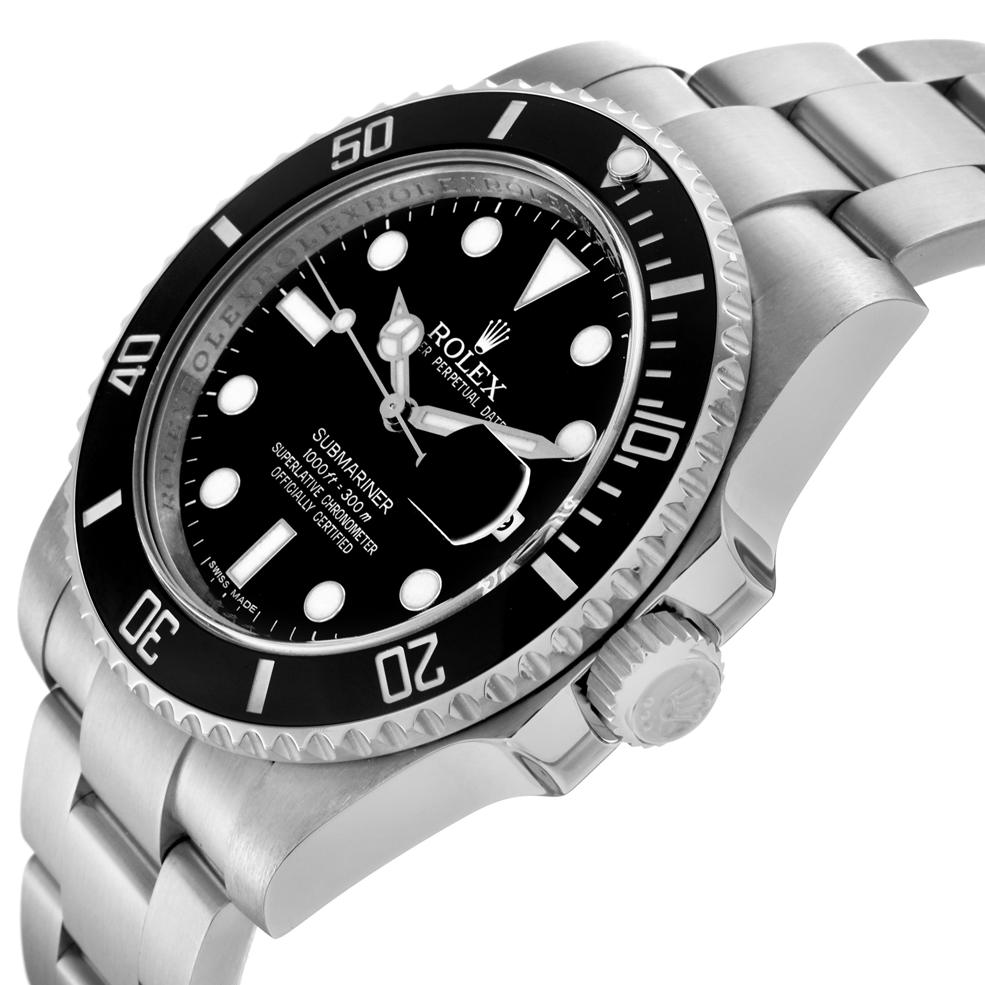 The Rolex Submariner 116610 Men's Stainless Steel Black Dial 116610 Men's Stainless Steel Black Dial watch is shown in a side angle highlighting the bezel, dial, case, and bracelet.