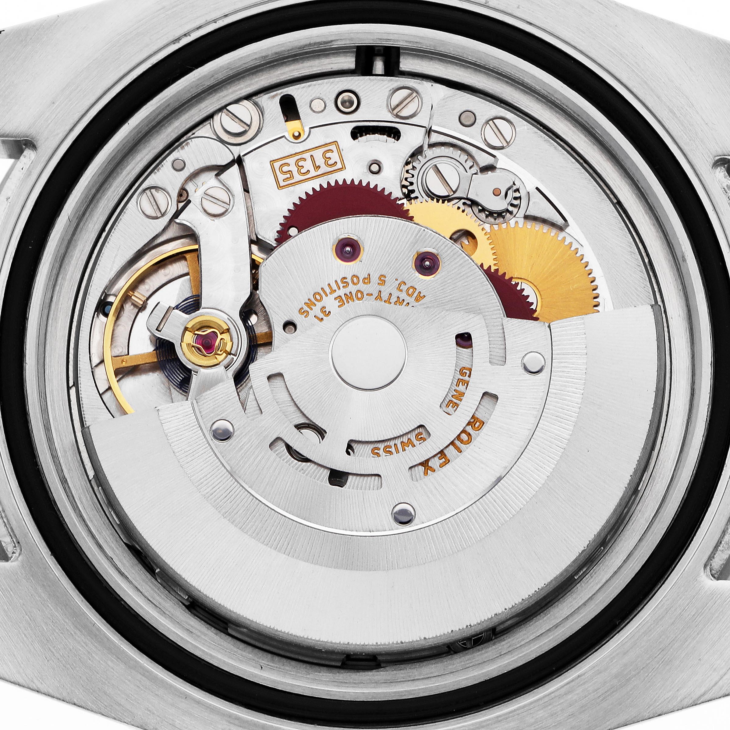 The image shows the internal mechanism of a Rolex Submariner 116610 Men's Stainless Steel Black Dial 116610 Men's Stainless Steel Black Dial, highlighting gears and components from a back view.