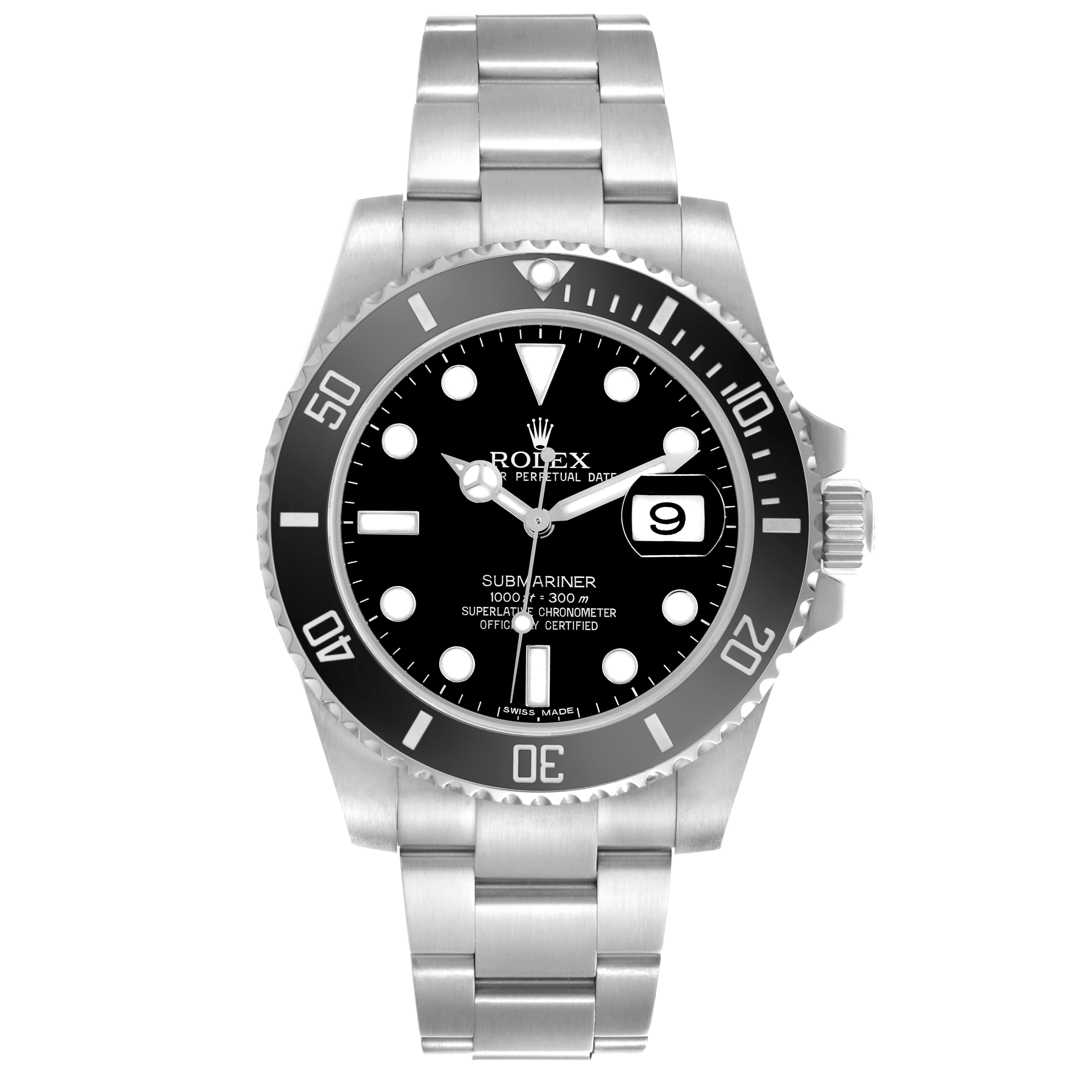 The Rolex Submariner 116610 Men's Stainless Steel Black Dial 116610 Men's Stainless Steel Black Dial watch is shown from a front angle, displaying the dial, bezel, and bracelet.