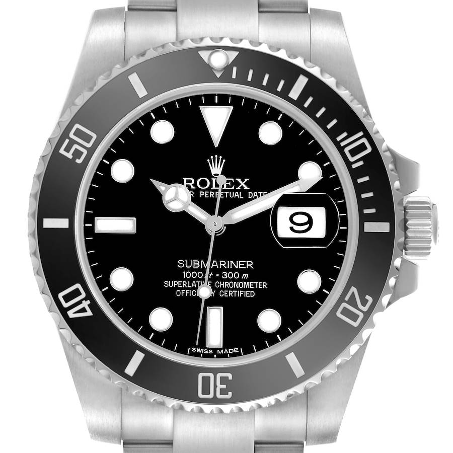 The Rolex Submariner is shown from a front angle, displaying the dial, bezel, and crown.
