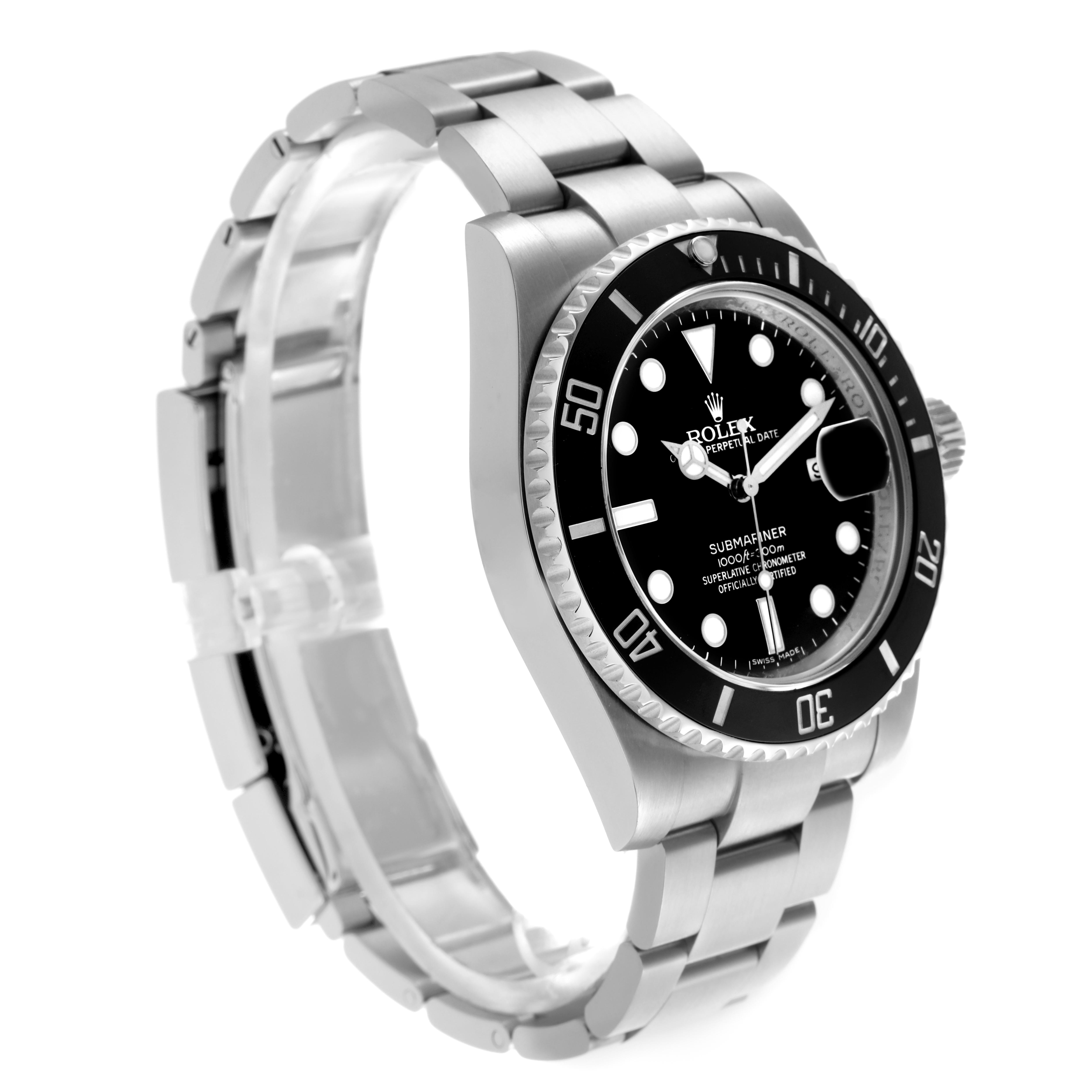 The Rolex Submariner 116610 Men's Stainless Steel Black Dial 116610 Men's Stainless Steel Black Dial watch is shown at a side angle, displaying the case, bezel, bracelet, and part of the watch face.