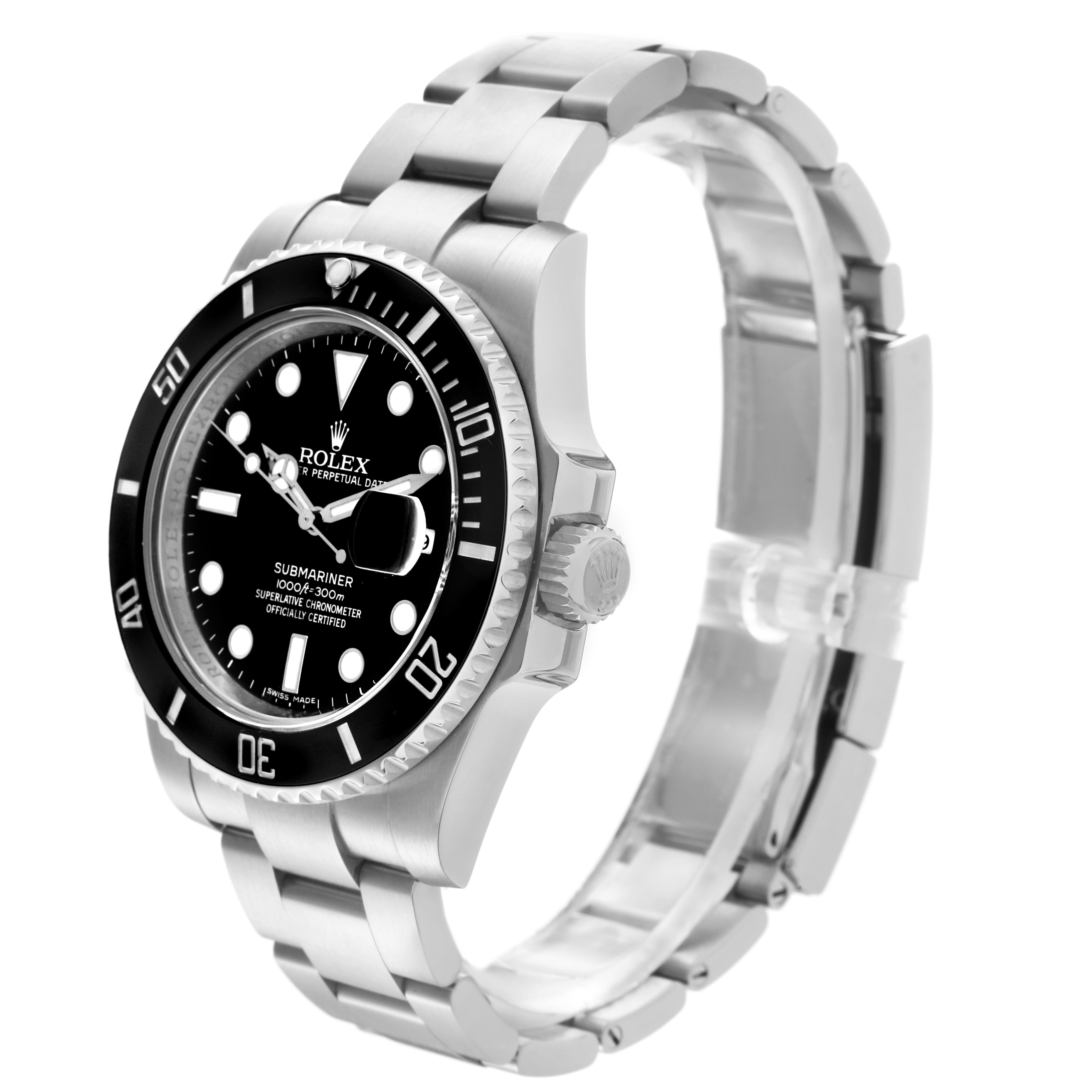 The Rolex Submariner 116610 Men's Stainless Steel Black Dial 116610 Men's Stainless Steel Black Dial watch is shown at a three-quarter angle, highlighting the face, bezel, crown, and bracelet.