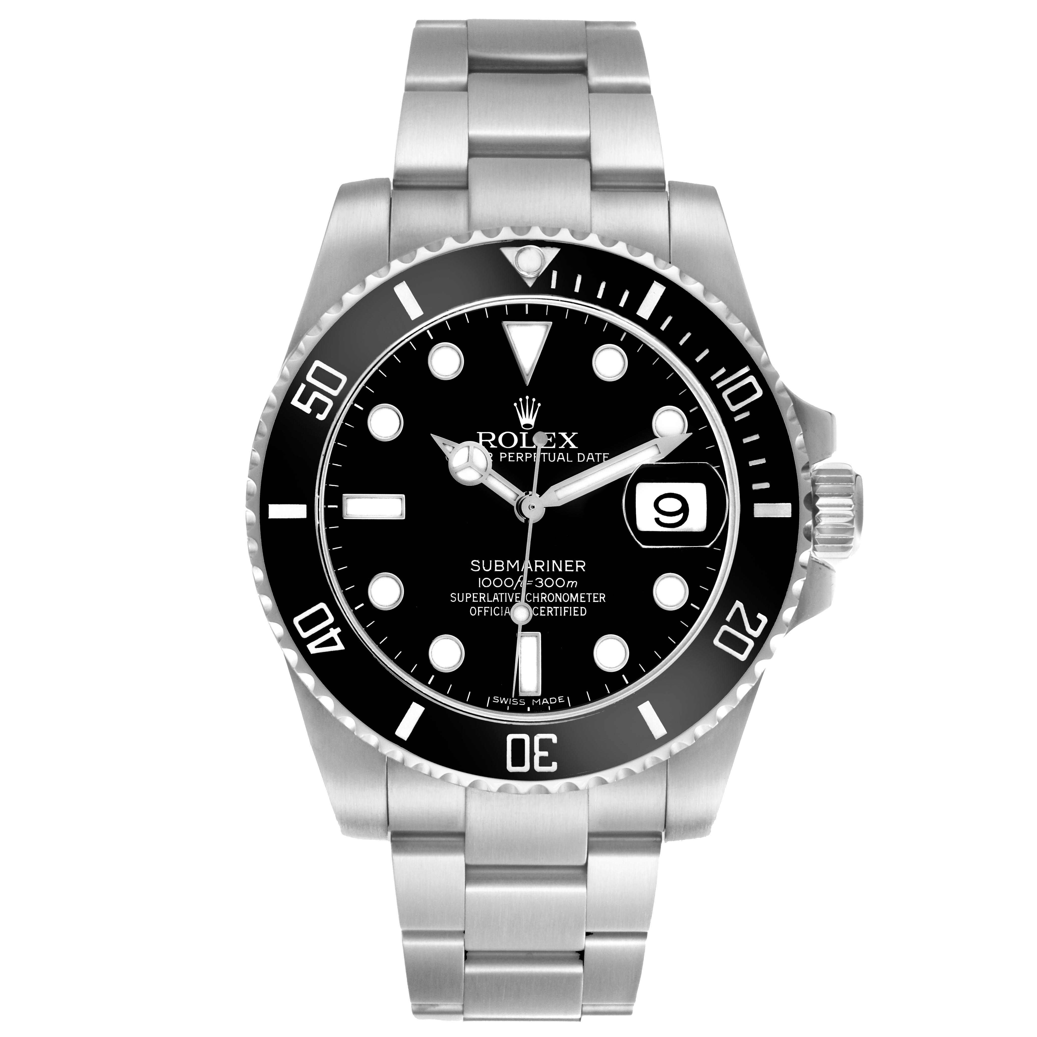 The Rolex Submariner 116610 Men's Stainless Steel Black Dial 116610 Men's Stainless Steel Black Dial watch is shown from the front, displaying the face, bezel, bracelet, and crown.