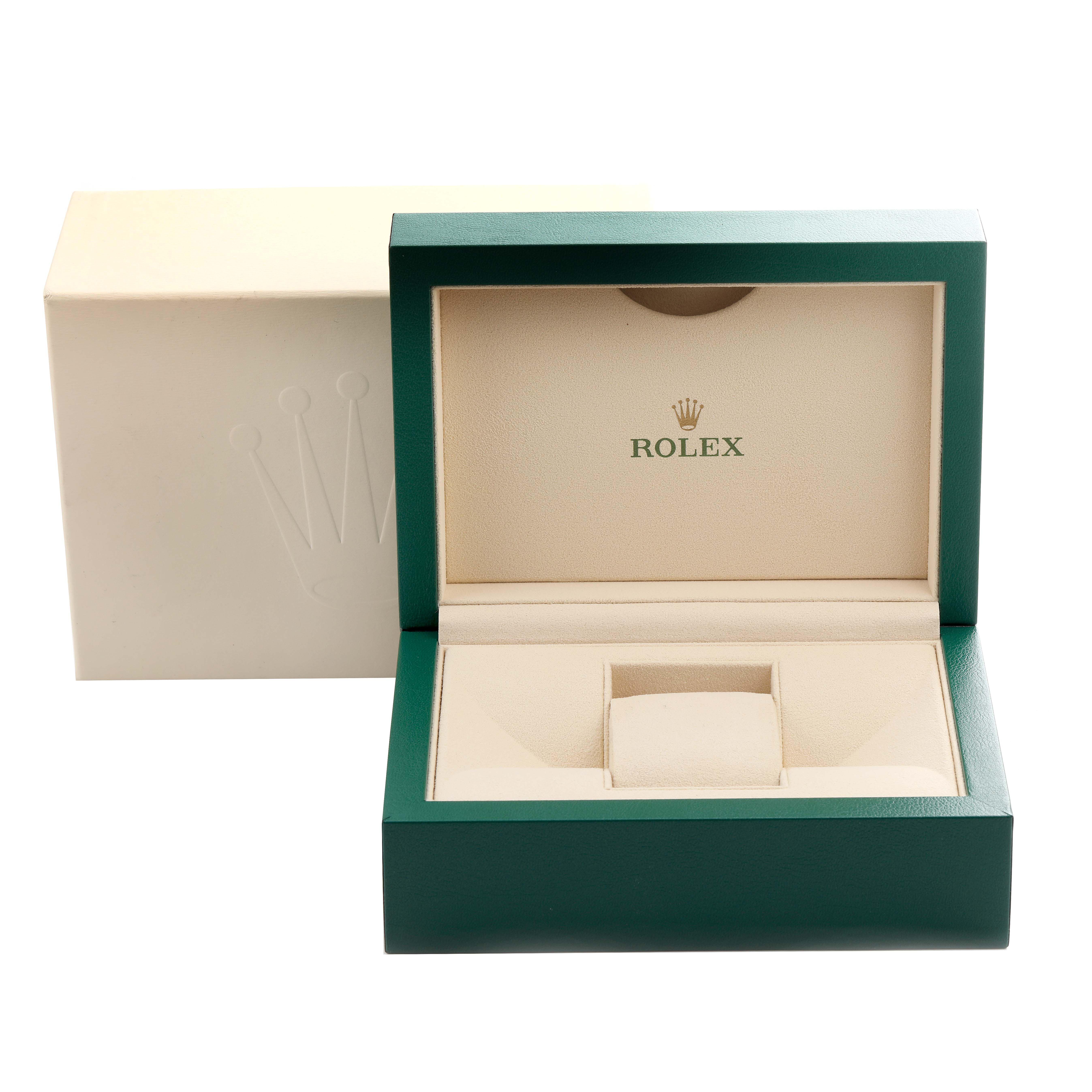 The image shows an open Rolex Submariner 116610 Men's Stainless Steel Black Dial 116610 Men's Stainless Steel Black Dial watch box with a light interior and green exterior, viewed from the front.