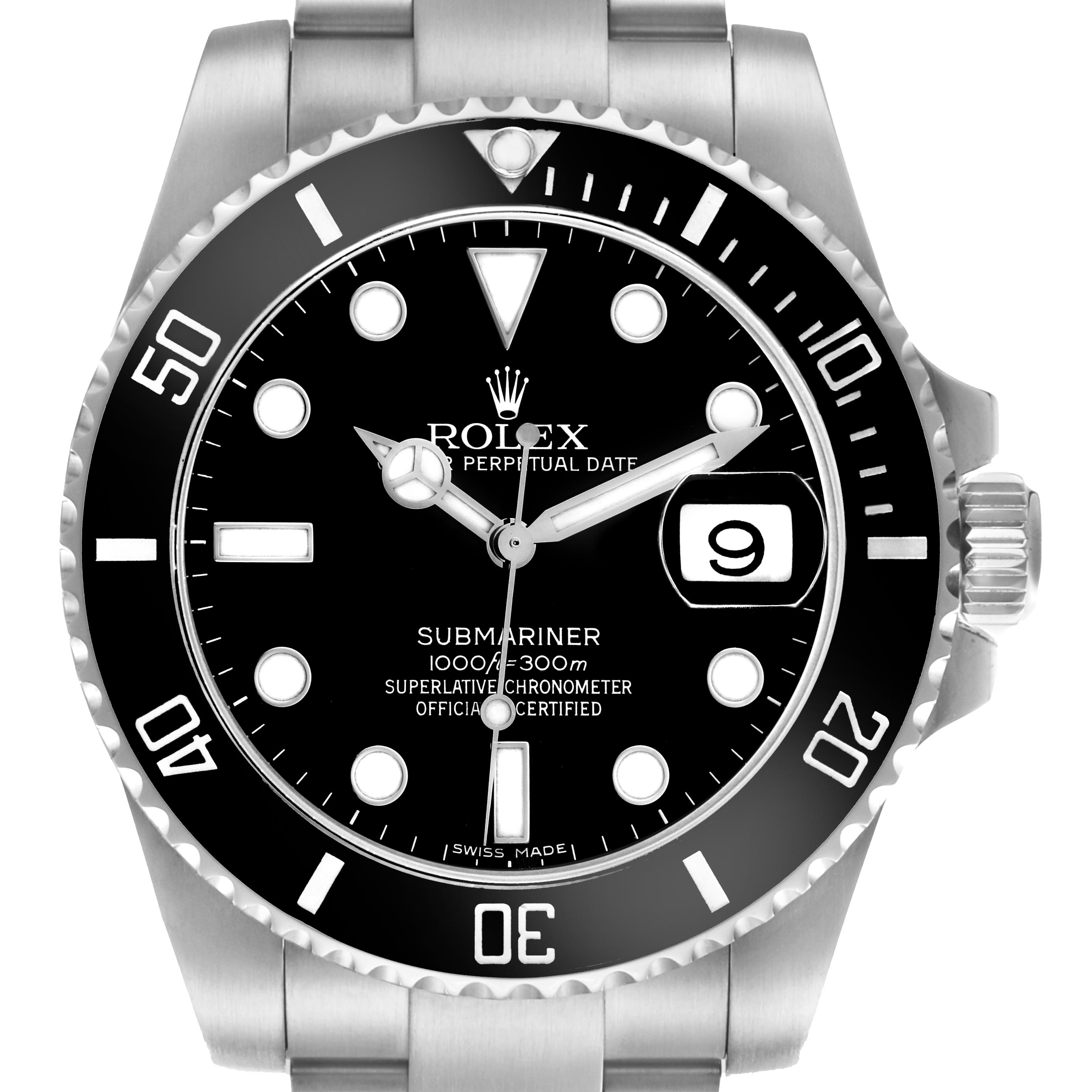 The Rolex Submariner 116610 Men's Stainless Steel Black Dial 116610 Men's Stainless Steel Black Dial watch is shown from the front, displaying the face, bezel, crown, and partial bracelet.