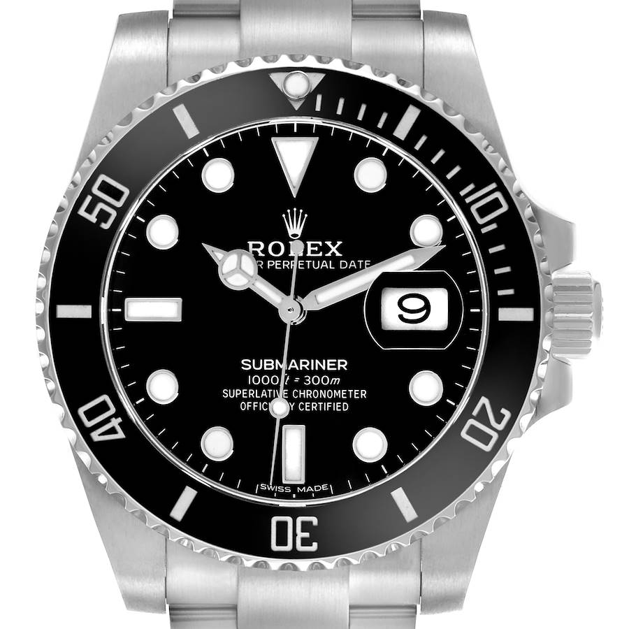 The Rolex Submariner watch is shown from a front angle, displaying the dial, bezel, and crown.