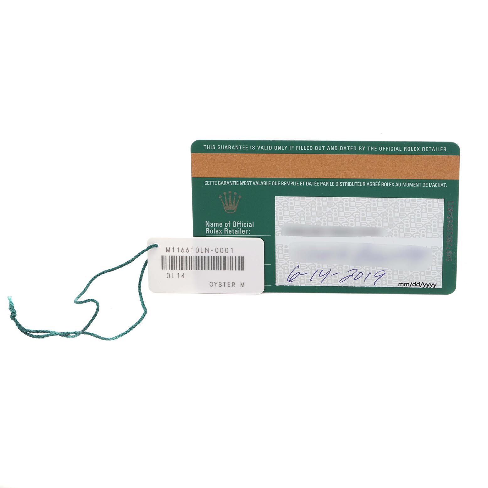 The image shows a warranty card and tag for a Rolex Submariner 116610 Men's Stainless Steel Black Dial 116610 Men's Stainless Steel Black Dial, displaying its model number and date.