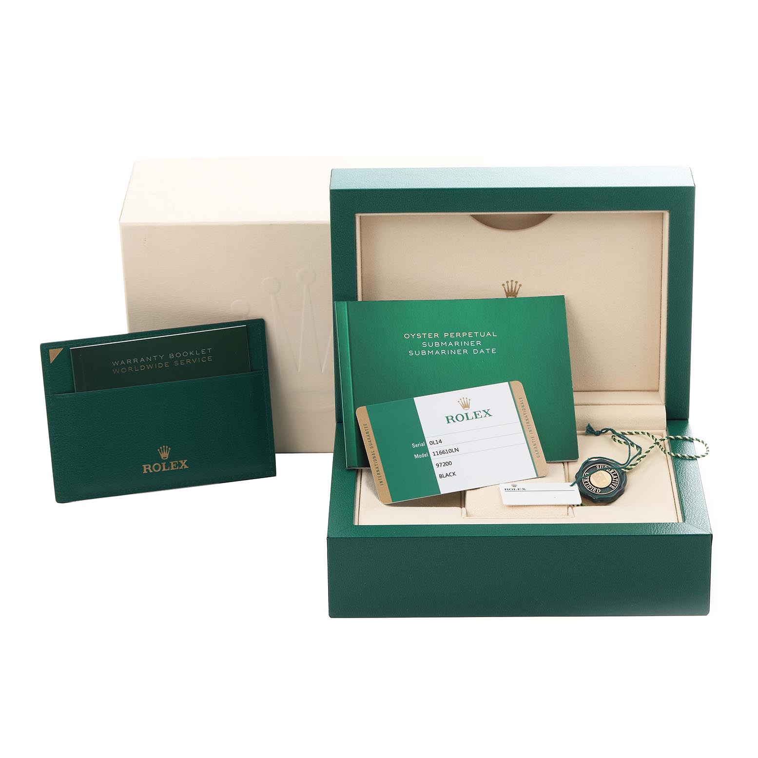 The image shows the packaging and accessories for a Rolex Submariner 116610 Men's Stainless Steel Black Dial 116610 Men's Stainless Steel Black Dial, including a box, warranty booklet, and tags.