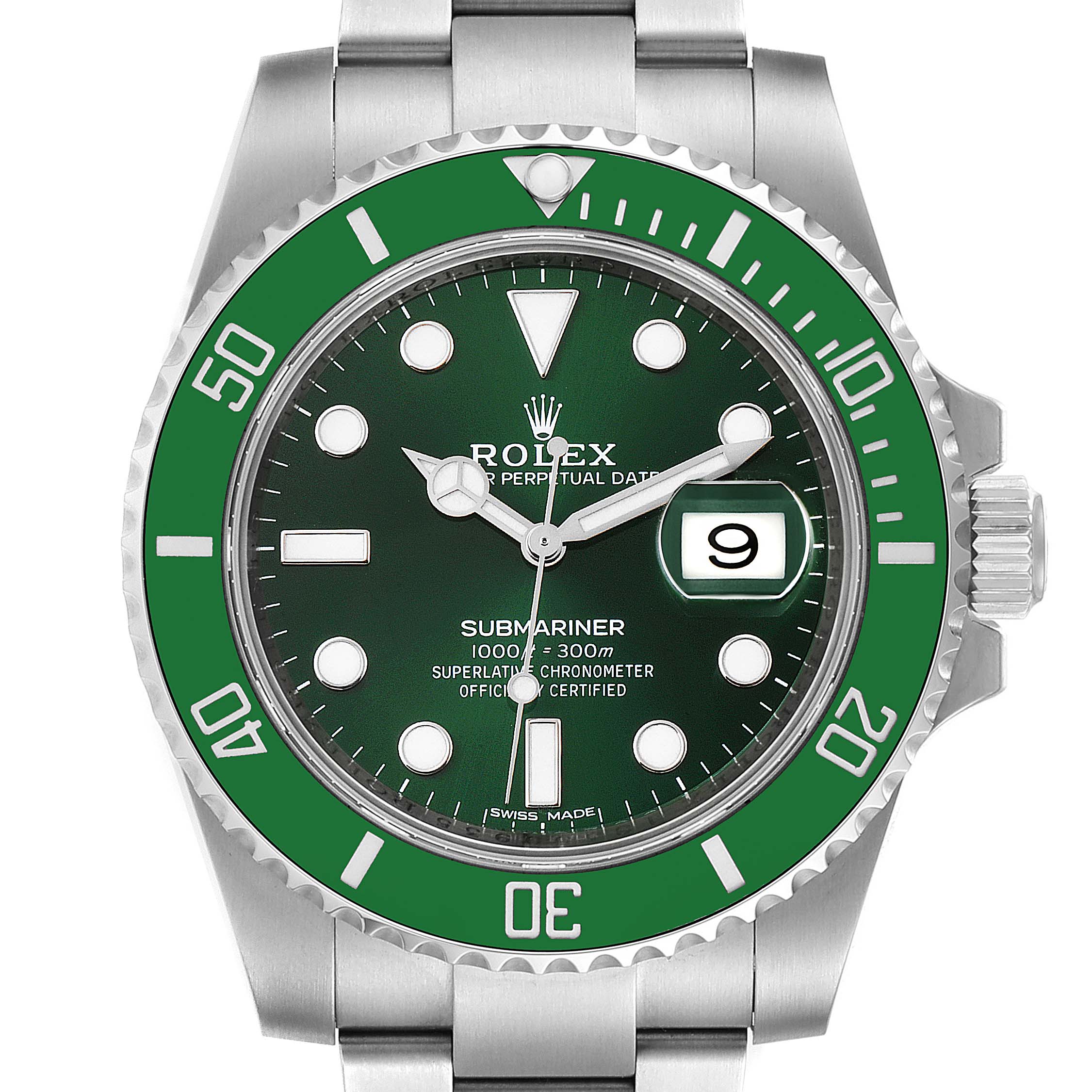 The image shows a front view of a Rolex Submariner 116610LV Men
s Stainless Steel Green Dial 116610LV Men
s Stainless Steel Green Dial watch with a green bezel and green dial.
