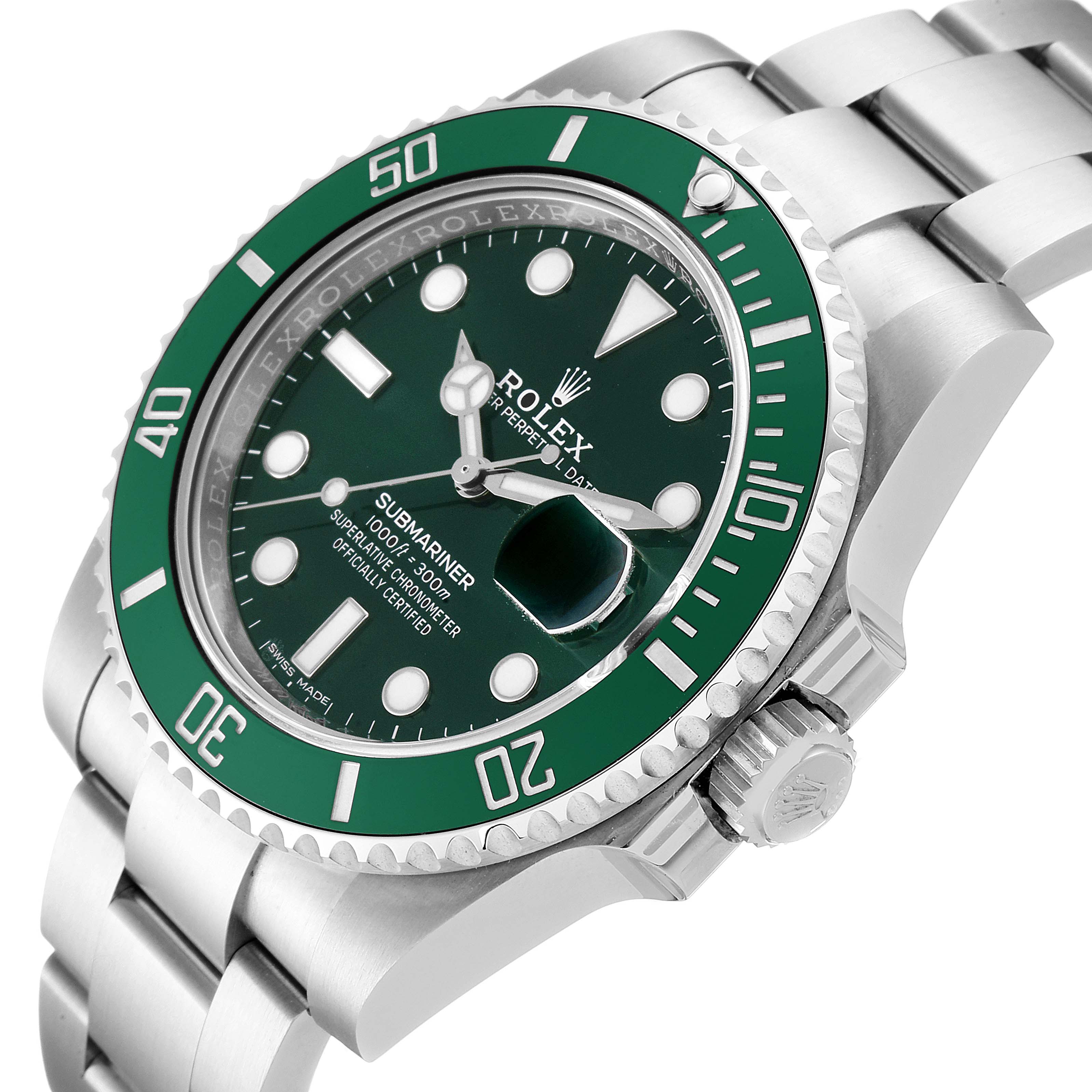 The image shows a Rolex Submariner 116610LV Men
s Stainless Steel Green Dial 116610LV Men
s Stainless Steel Green Dial watch at an angled close-up, highlighting the bezel, dial, and bracelet.