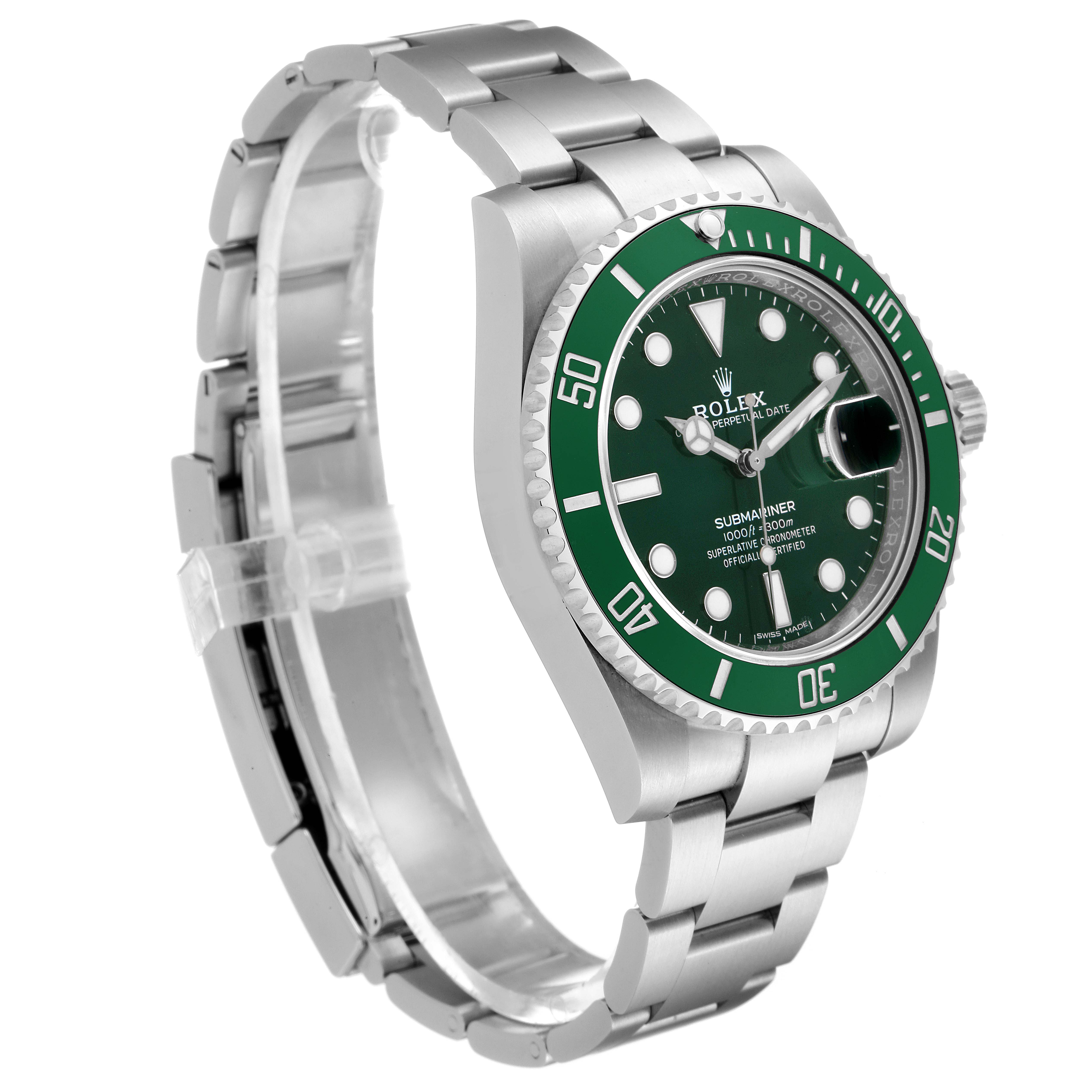 The Rolex Submariner 116610LV Men
s Stainless Steel Green Dial 116610LV Men
s Stainless Steel Green Dial watch is displayed at a slight left-side angle, showing the face, bezel, crown, and full bracelet.