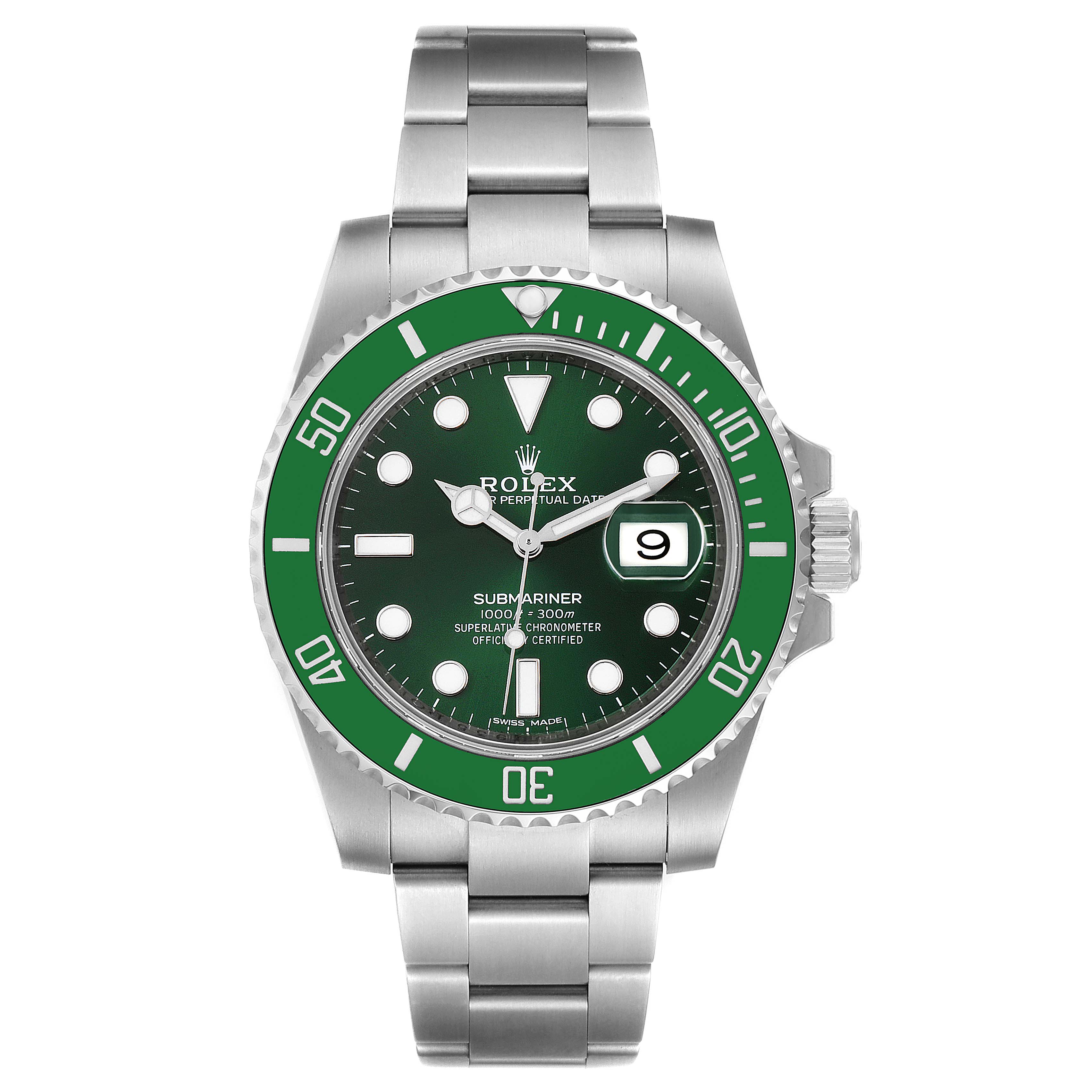 This image shows a Rolex Submariner 116610LV Men
s Stainless Steel Green Dial 116610LV Men
s Stainless Steel Green Dial watch from a front view, highlighting its green bezel, green dial, and stainless steel bracelet.