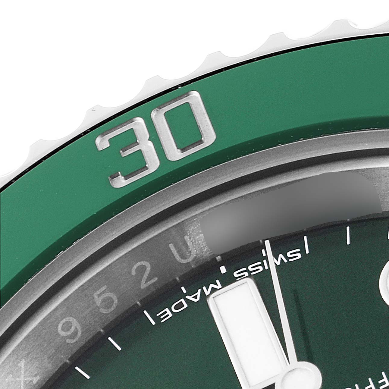 The image shows a close-up of the bezel and part of the dial of a Rolex Submariner 116610LV Men
s Stainless Steel Green Dial 116610LV Men
s Stainless Steel Green Dial watch, highlighting the number "30" and "Swiss Made" text.