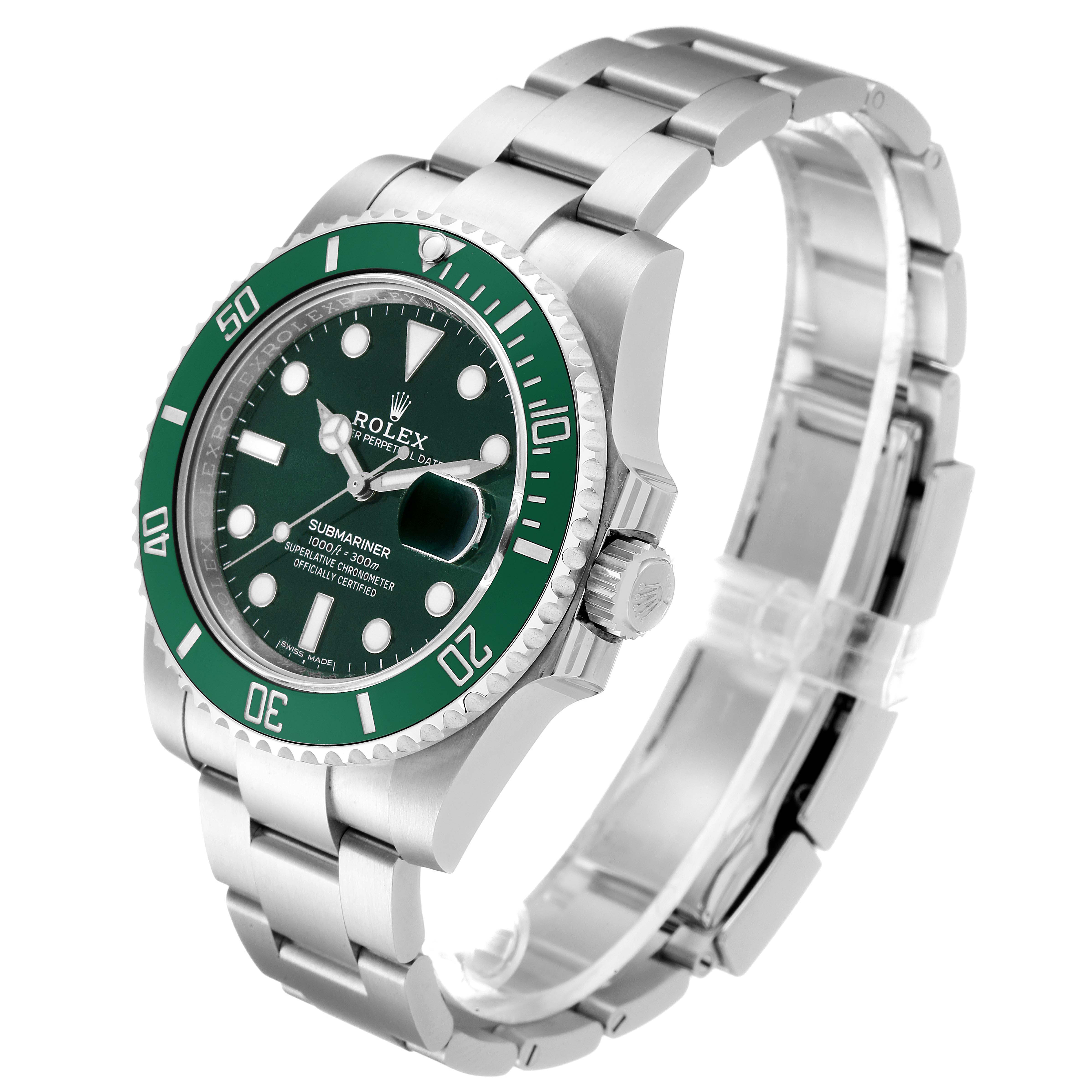 The image shows a side view of a Rolex Submariner 116610LV Men
s Stainless Steel Green Dial 116610LV Men
s Stainless Steel Green Dial watch with a green bezel and stainless steel bracelet.