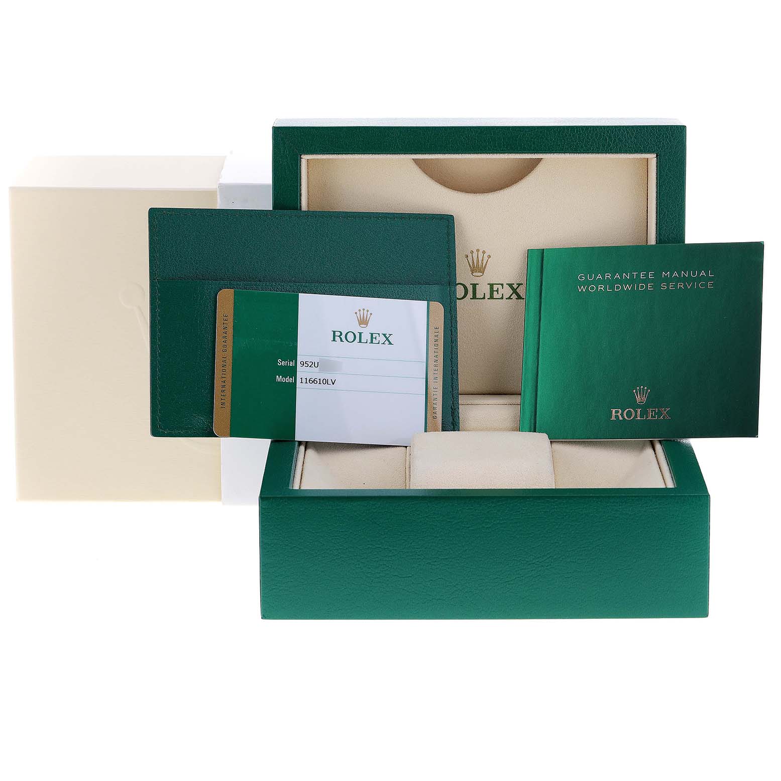 The image shows the Rolex Submariner 116610LV Men
s Stainless Steel Green Dial 116610LV Men
s Stainless Steel Green Dial
s green box, instruction manual, and guarantee card from the front angle.