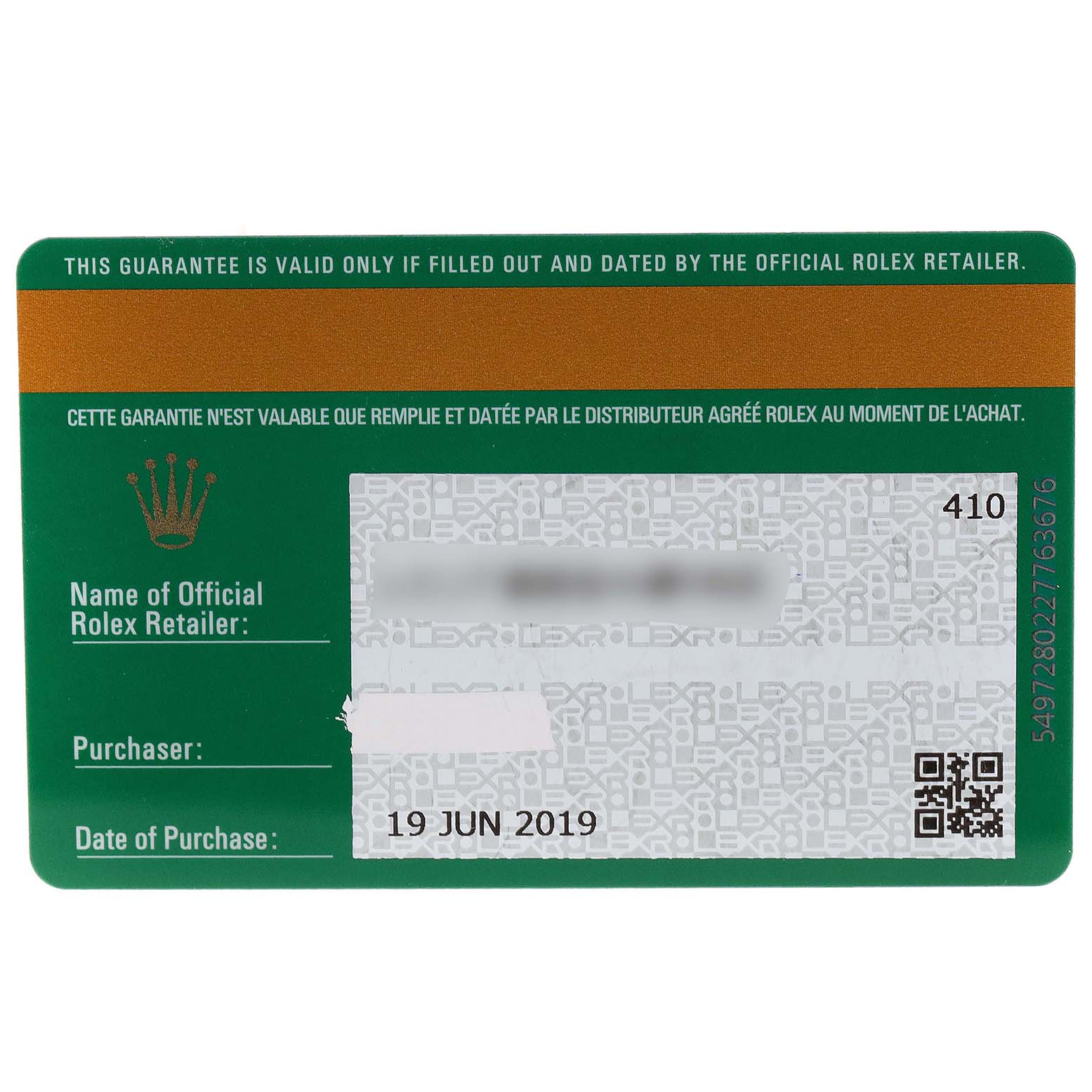 This image shows a guarantee card for a Rolex Submariner 116610LV Men
s Stainless Steel Green Dial 116610LV Men
s Stainless Steel Green Dial watch.