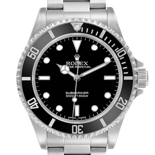 The Rolex Submariner 14060 Men's Stainless Steel Black Dial watch is shown from the front, displaying its dial, bezel, bracelet, and crown side.